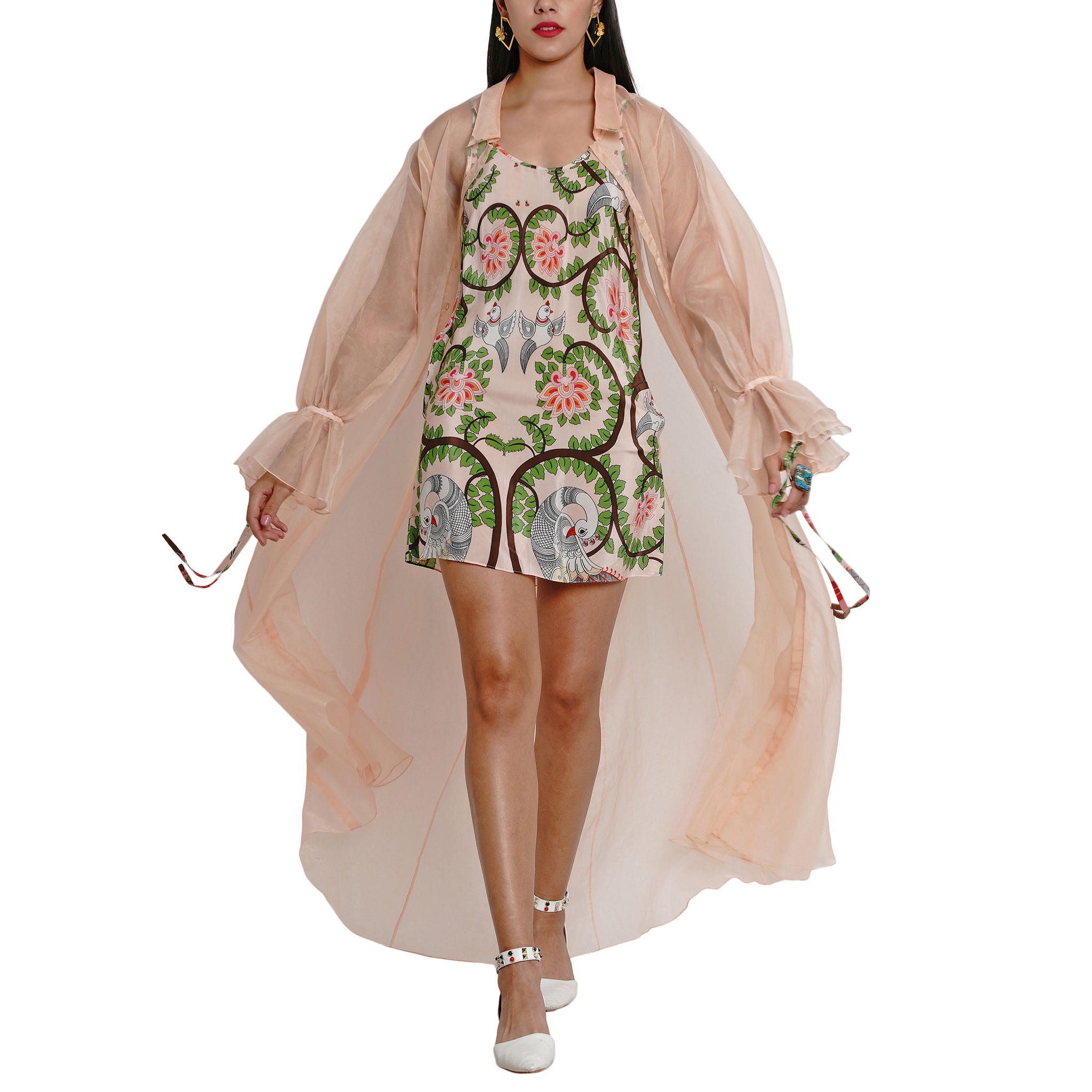 Embroidered Organza Jacket with Printed Slip