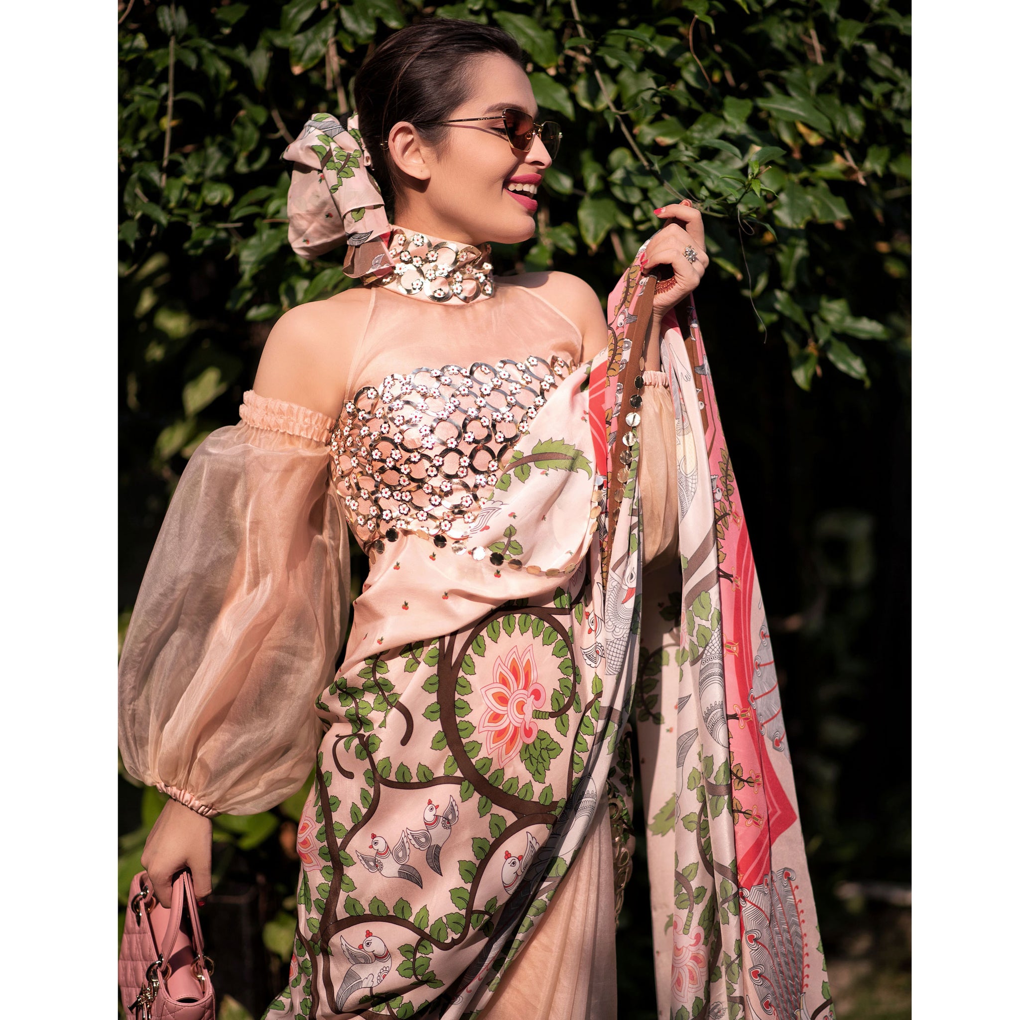 Embroidered Half & Half Printed Sari