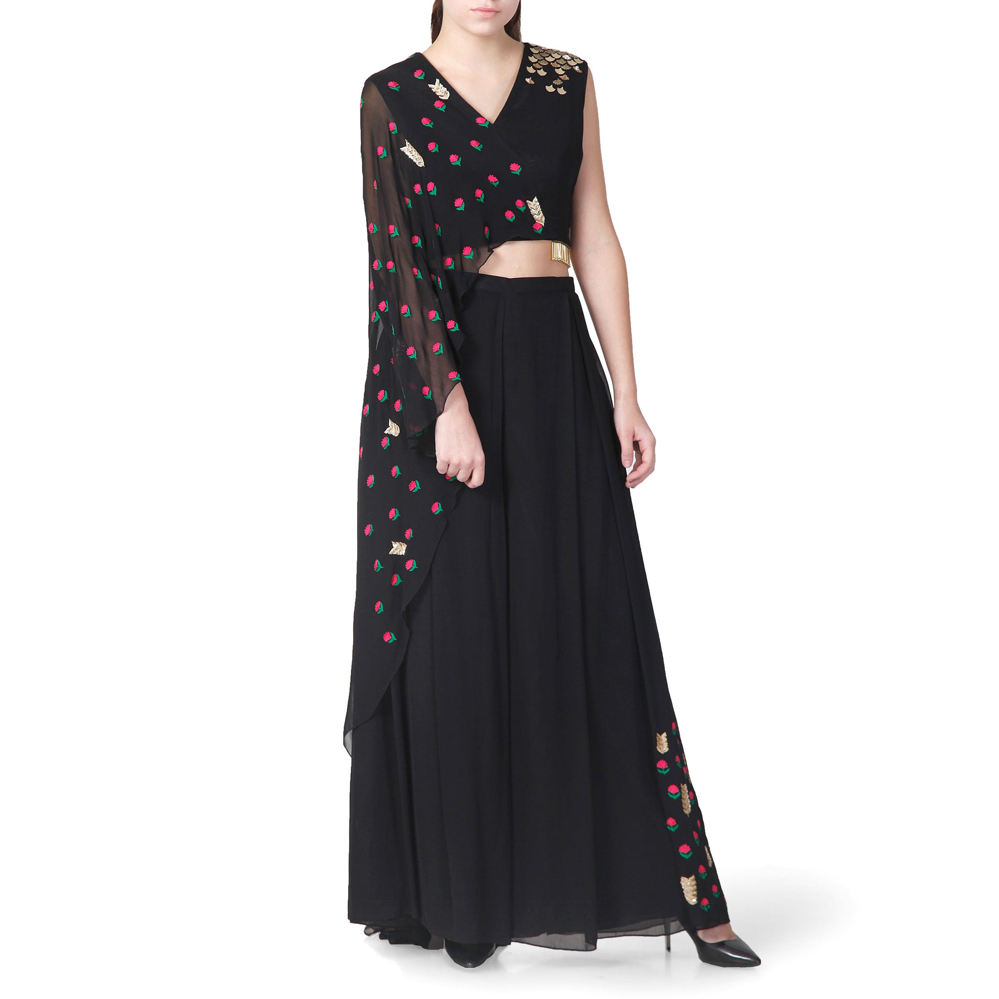 Embroidered Draped Top with Flared Pants