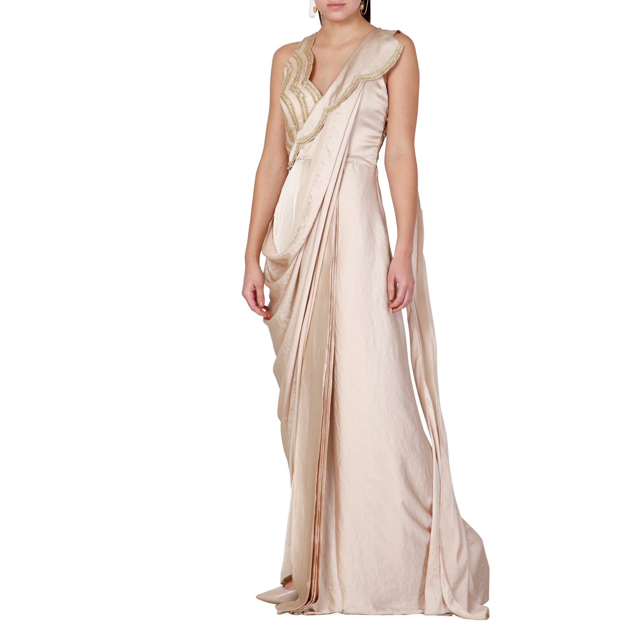 Embroidered Pre-Draped Sari with Embroidered Lapel Detail