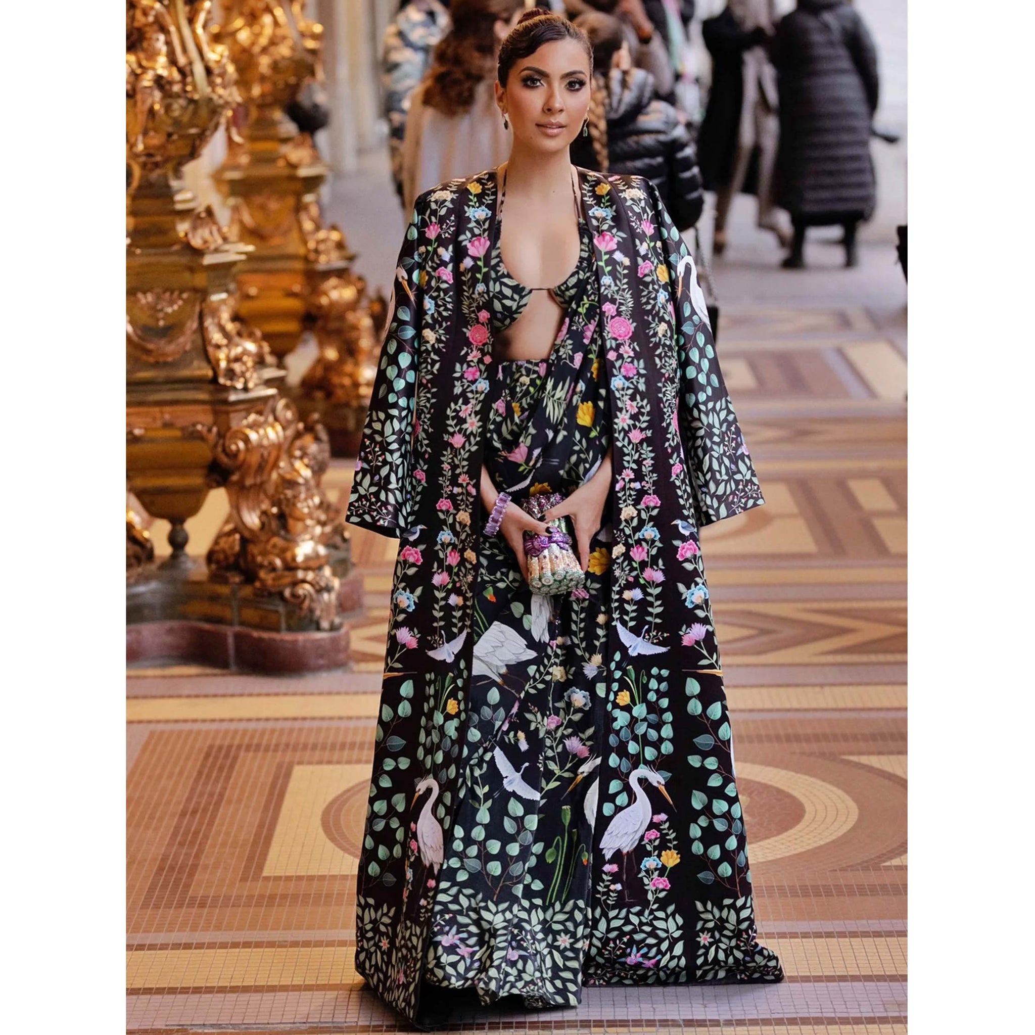 Placement Print Jacket with Sari and Blouse