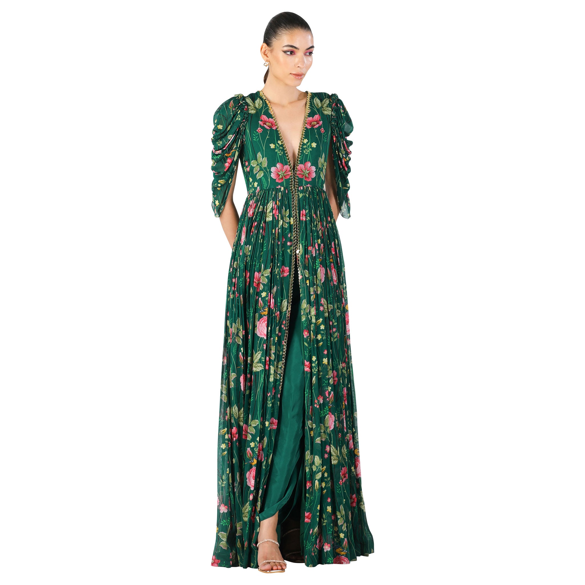 Embroidered Maxi Dress with Draped Dhoti Pants