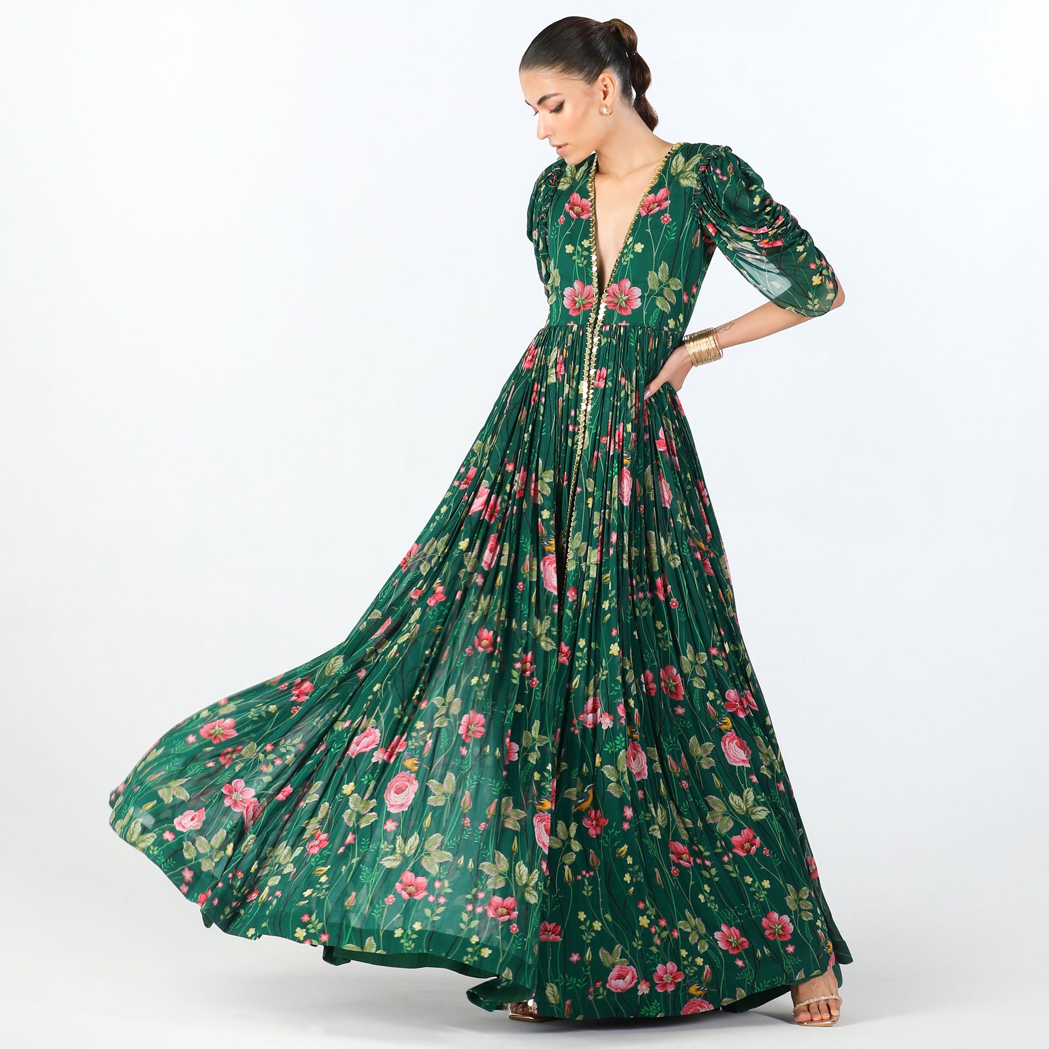 Embroidered Maxi Dress with Draped Dhoti Pants