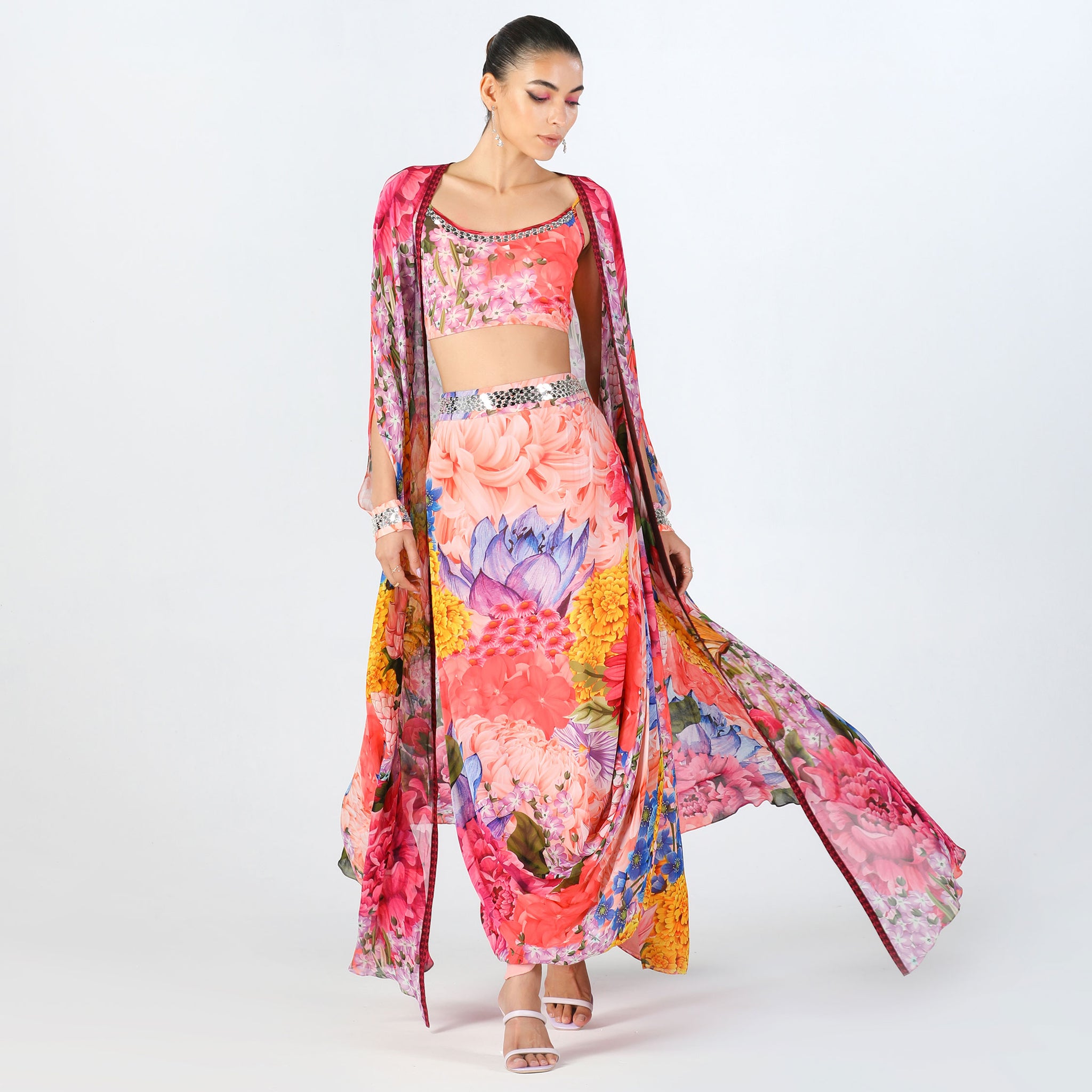 Embroidered Crop Top with Cape & Draped Skirt