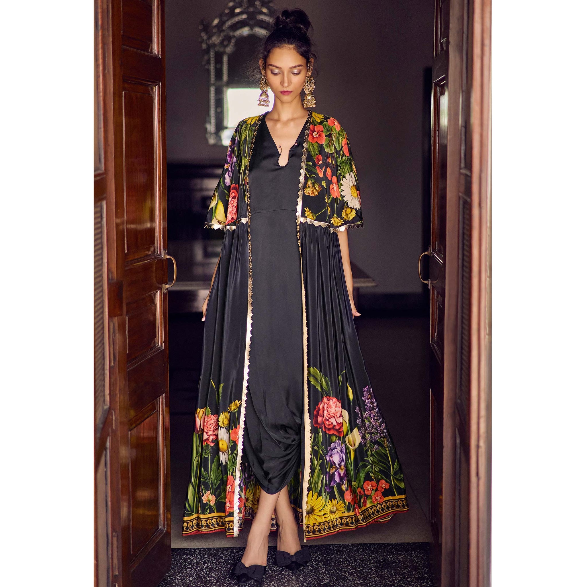 Embroidered Cape Jacket and Draped Dress