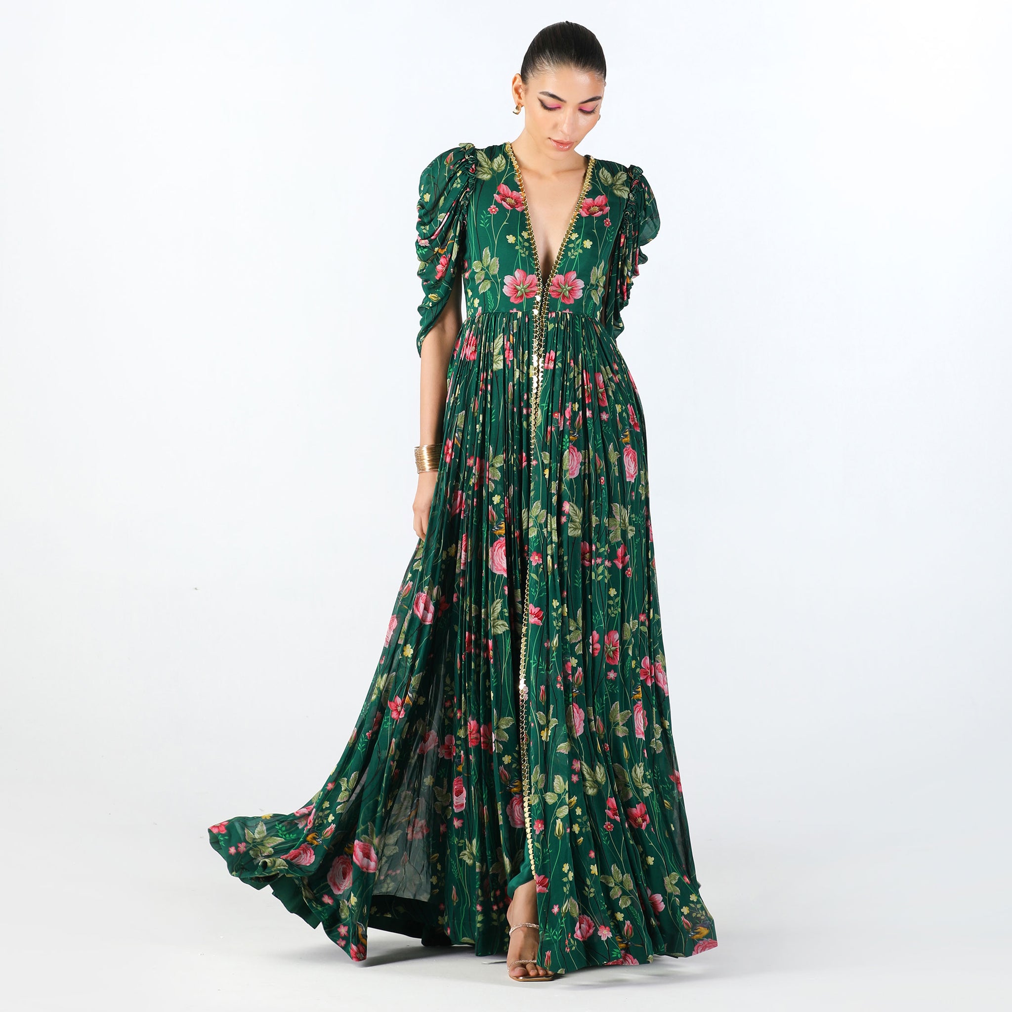 Embroidered Maxi Dress with Draped Dhoti Pants
