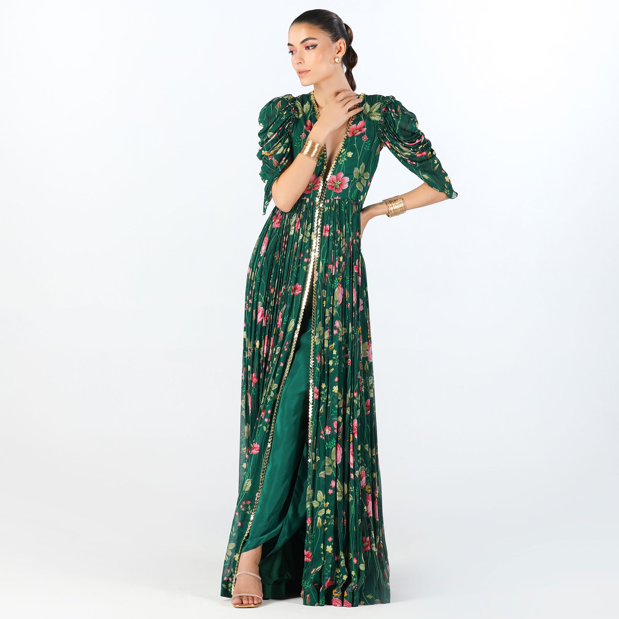 Embroidered Maxi Dress with Draped Dhoti Pants