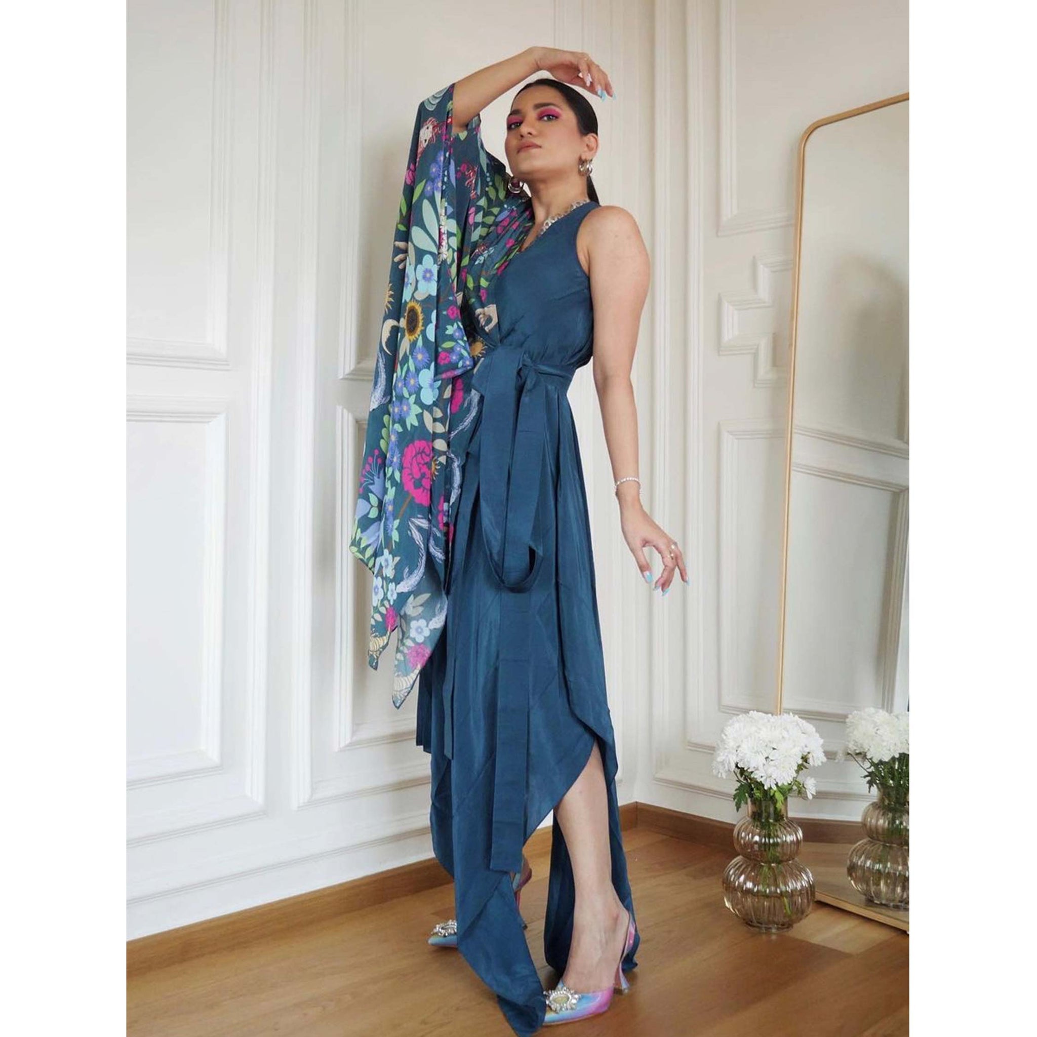 Embroidered Draped Dress