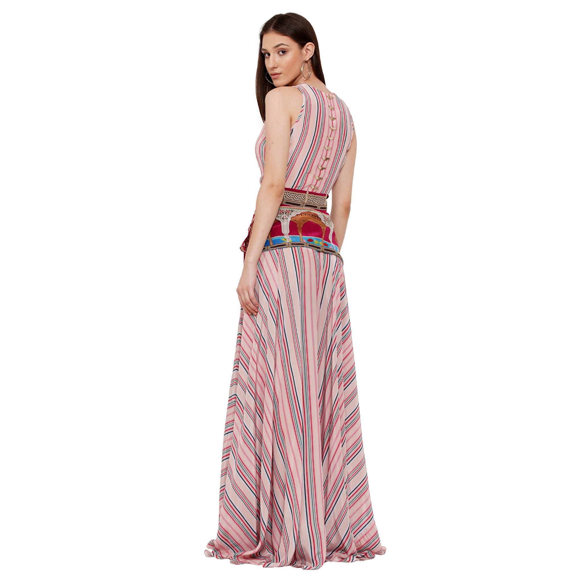 Embroidered Maxi Dress with Asymmetrical Belt