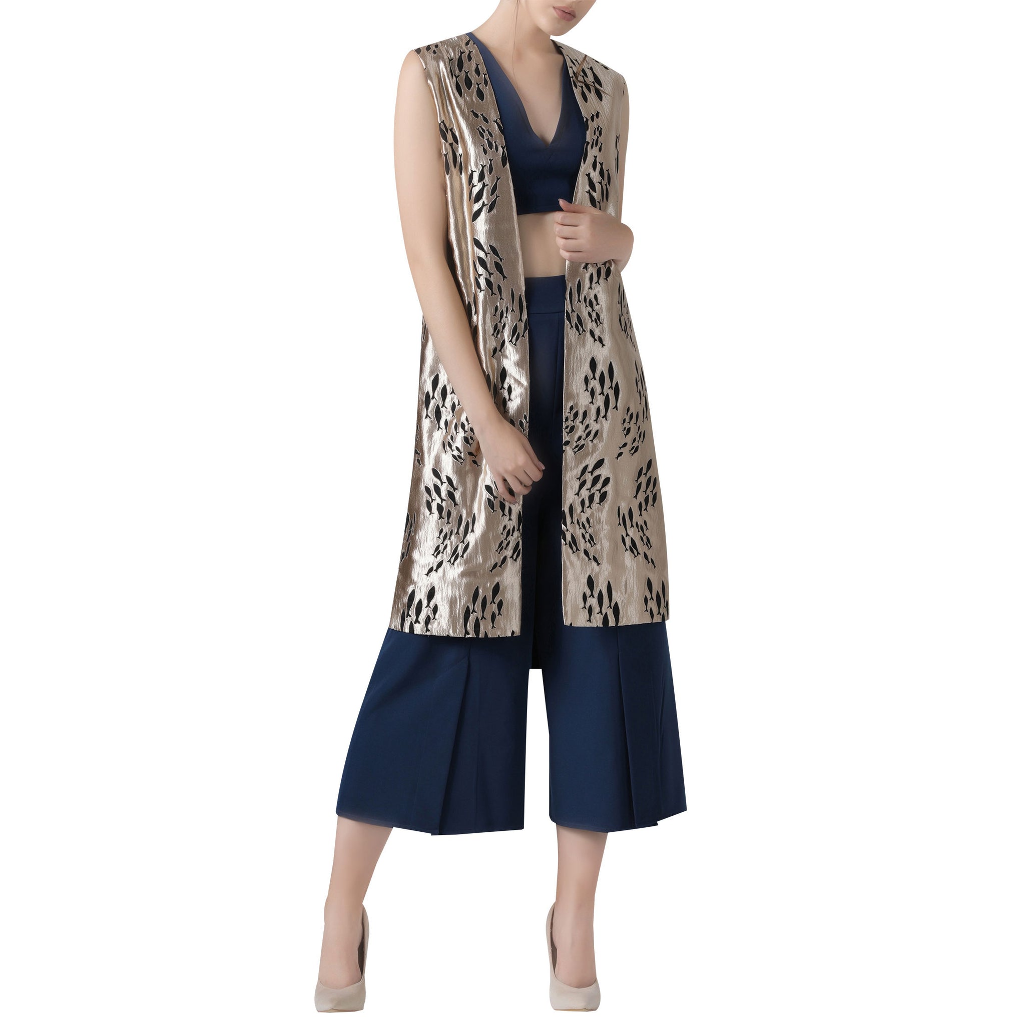 Cutwork Jacket with Crop top & Cullotte Set