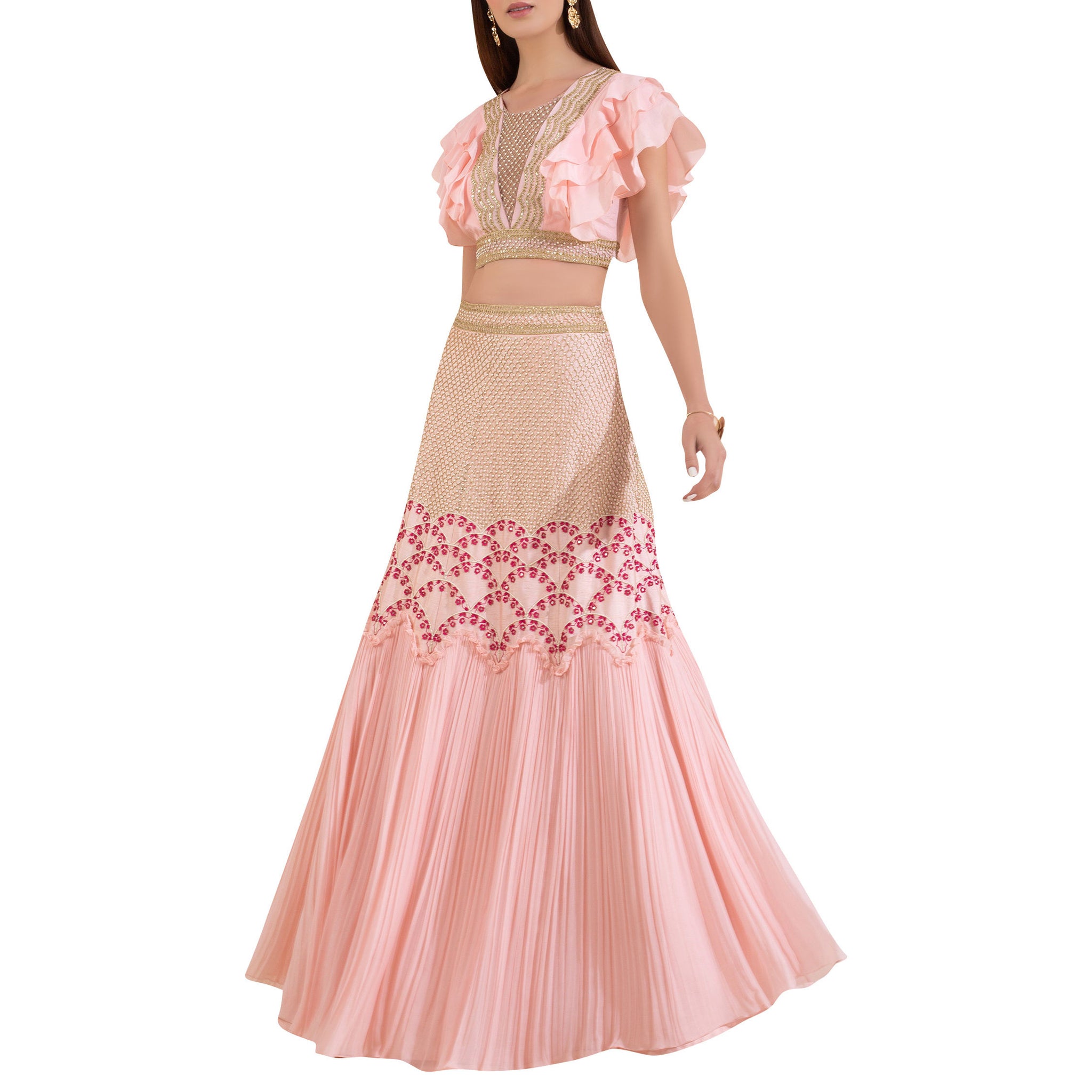 Embroidered Ruffle Blouse with Embroidered Lehenga with Pleats