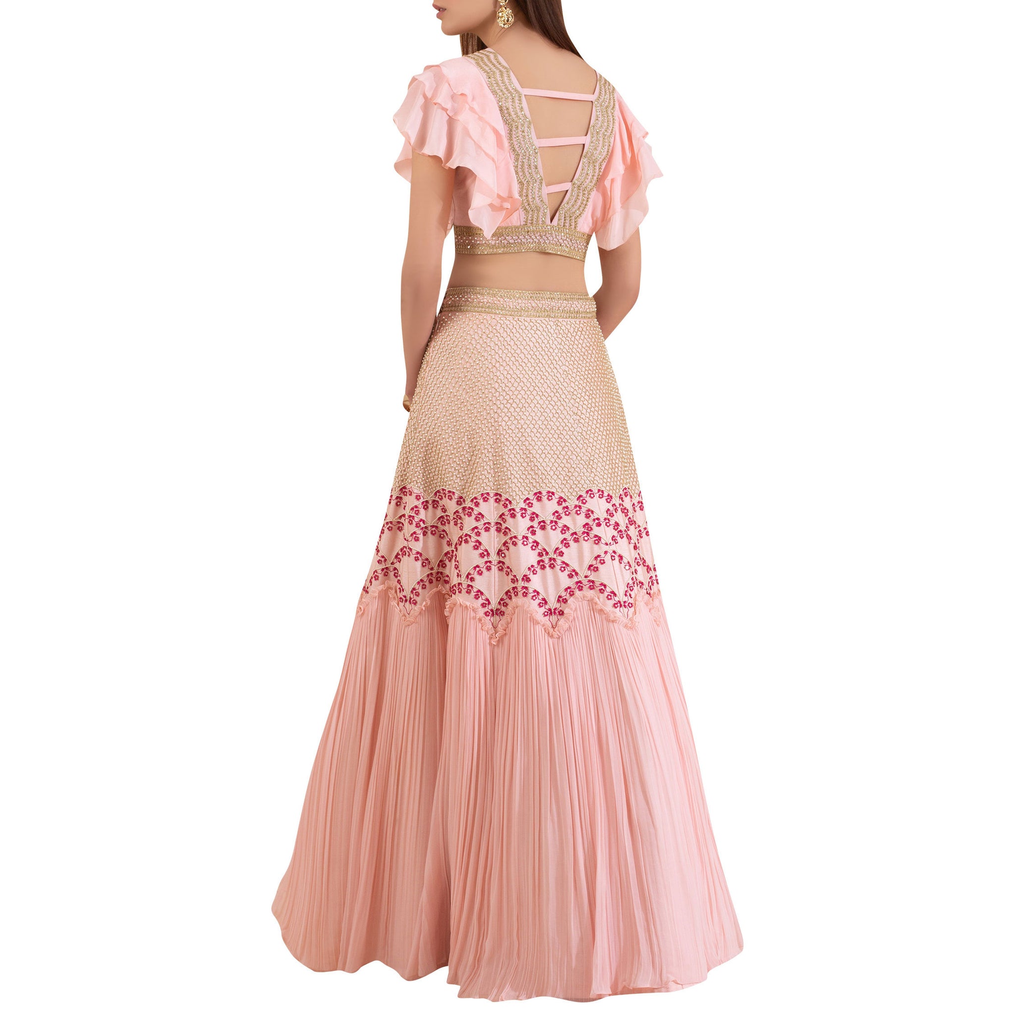 Embroidered Ruffle Blouse with Embroidered Lehenga with Pleats