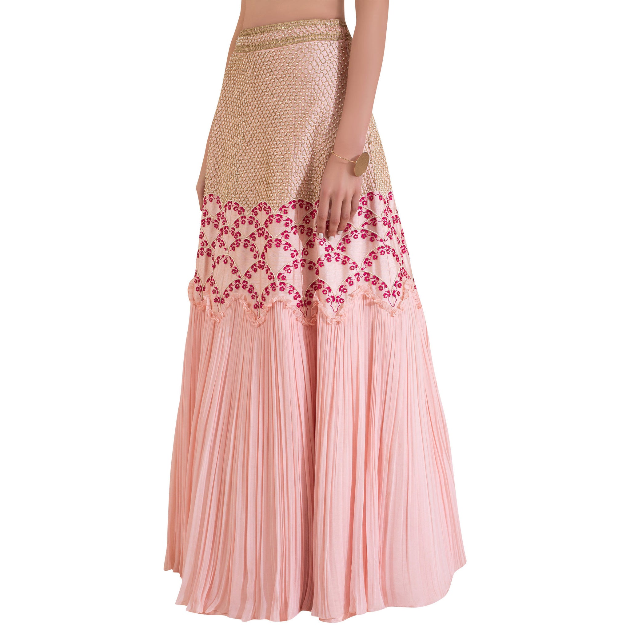 Embroidered Ruffle Blouse with Embroidered Lehenga with Pleats