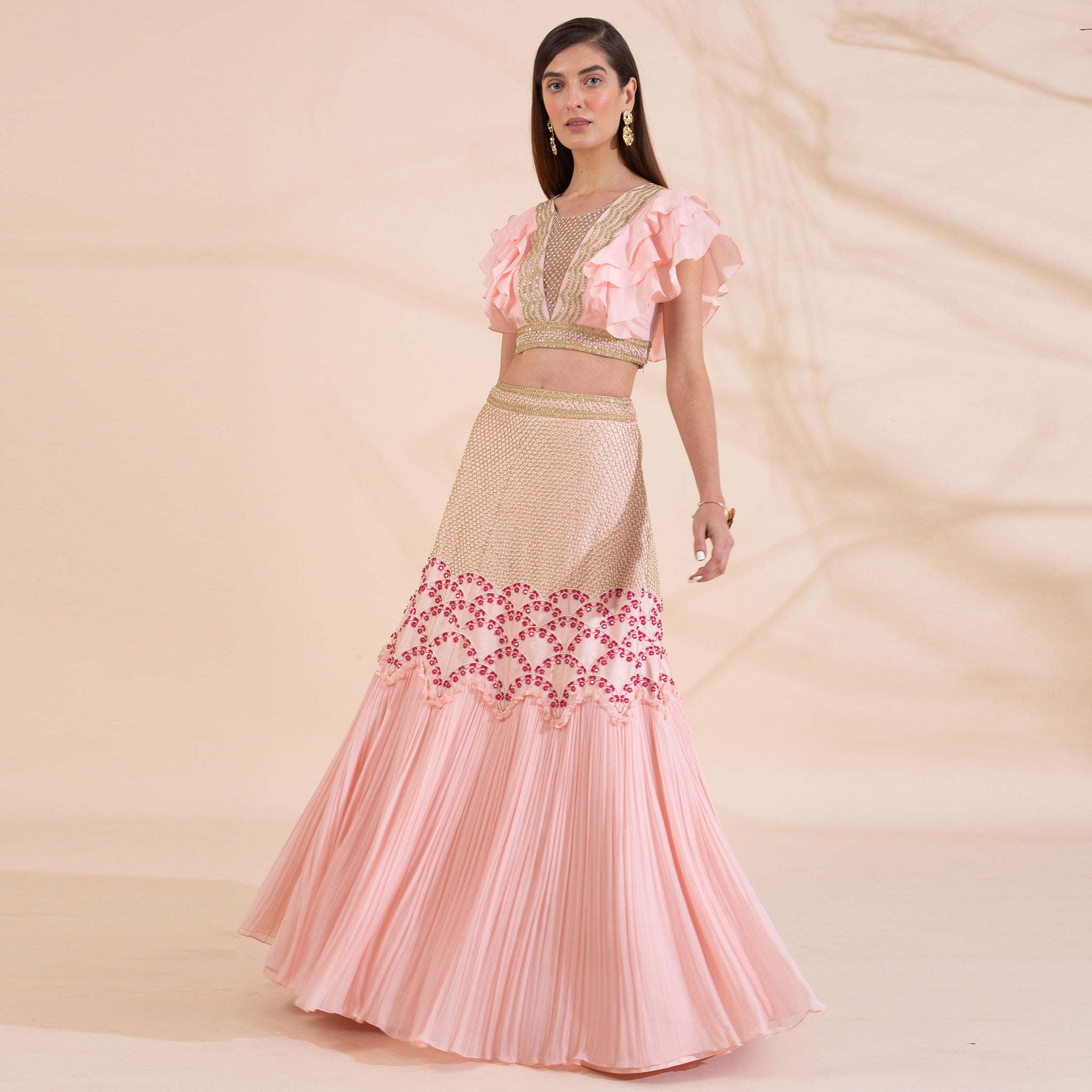 Embroidered Ruffle Blouse with Embroidered Lehenga with Pleats