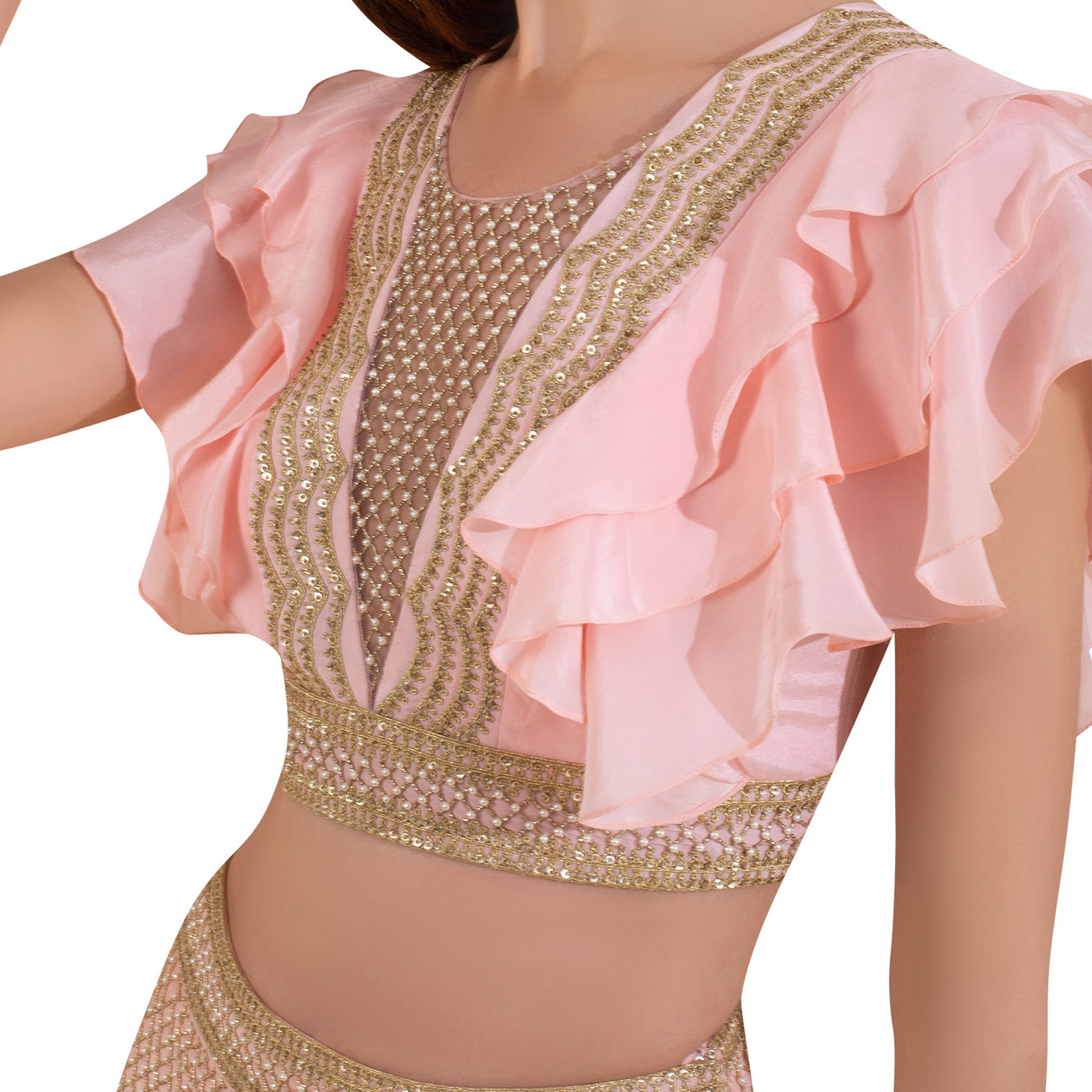 Embroidered Ruffle Blouse with Embroidered Lehenga with Pleats