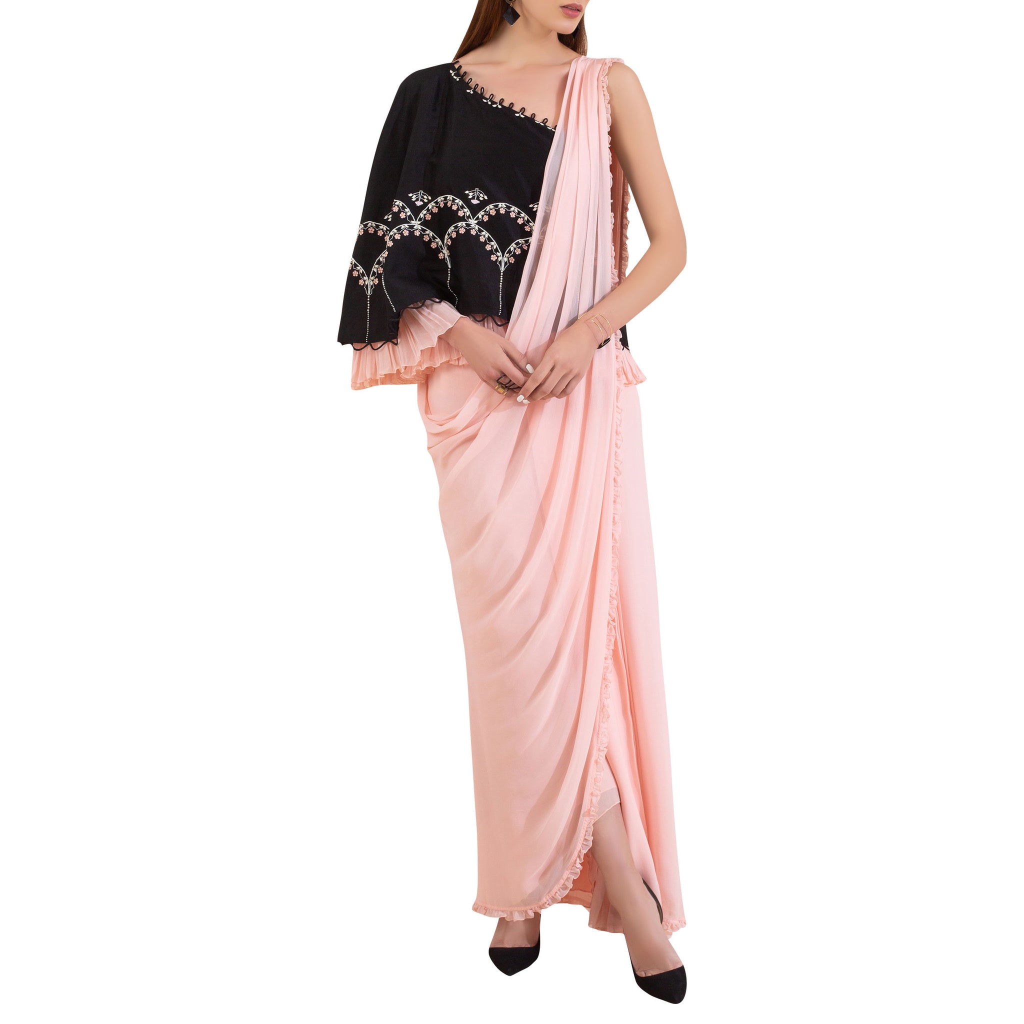Embroidered Pre-Draped Cape Sari
