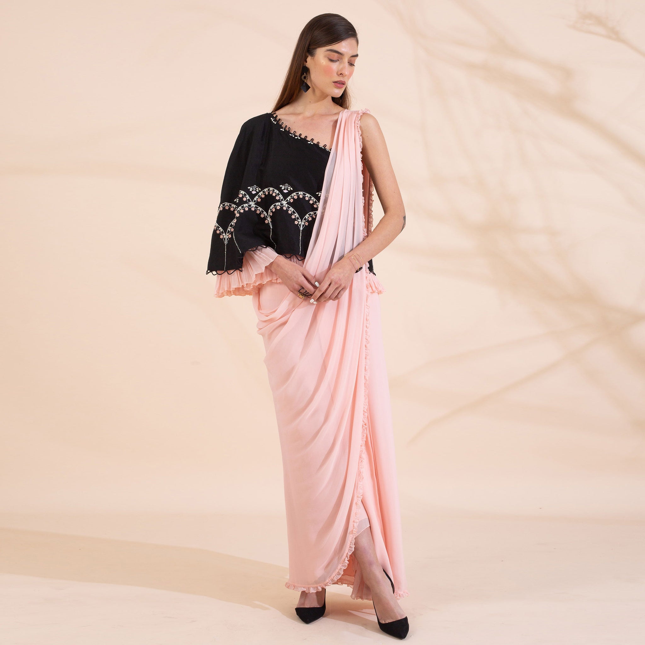 Embroidered Pre-Draped Cape Sari