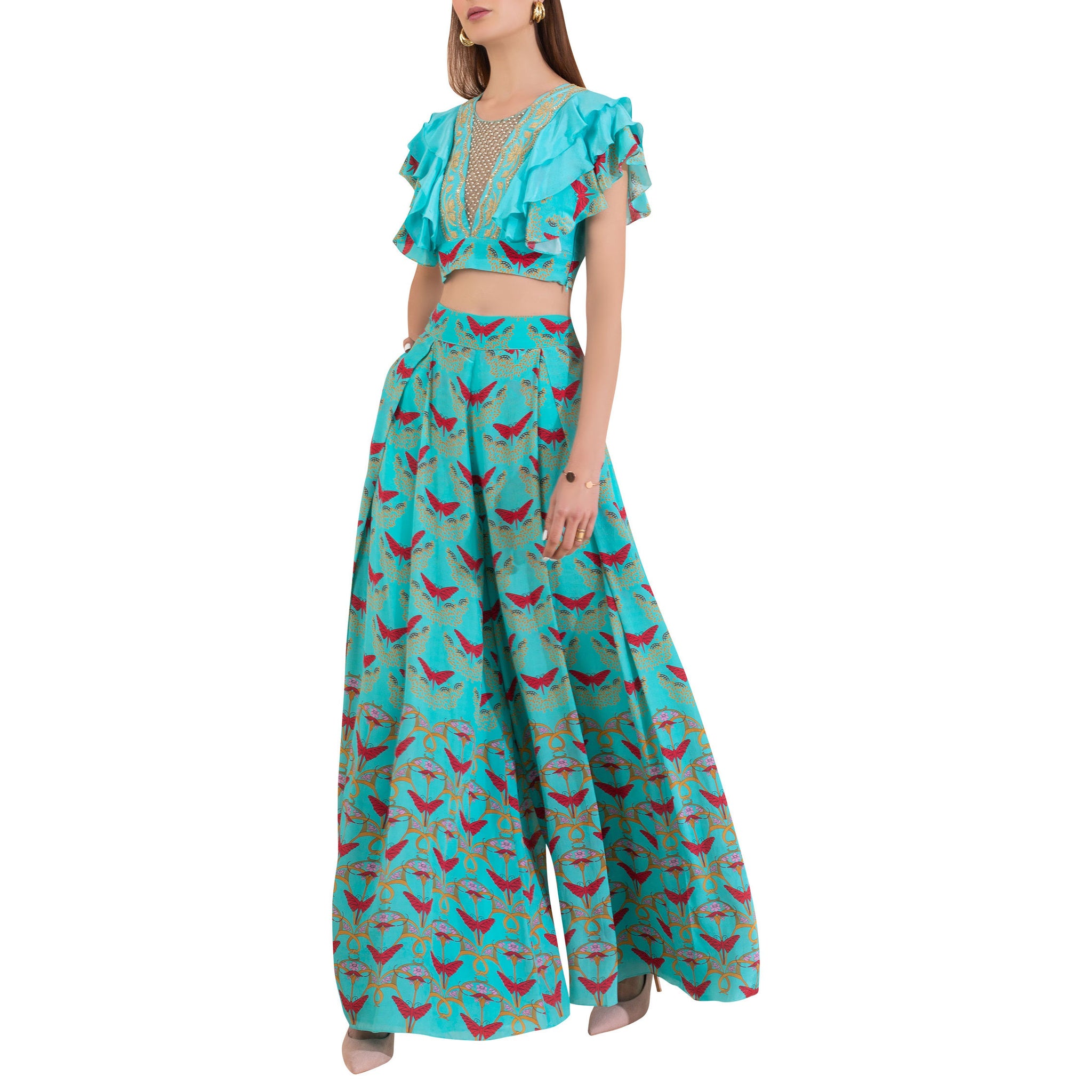Embroidered Ruffle Top with Printed Pants