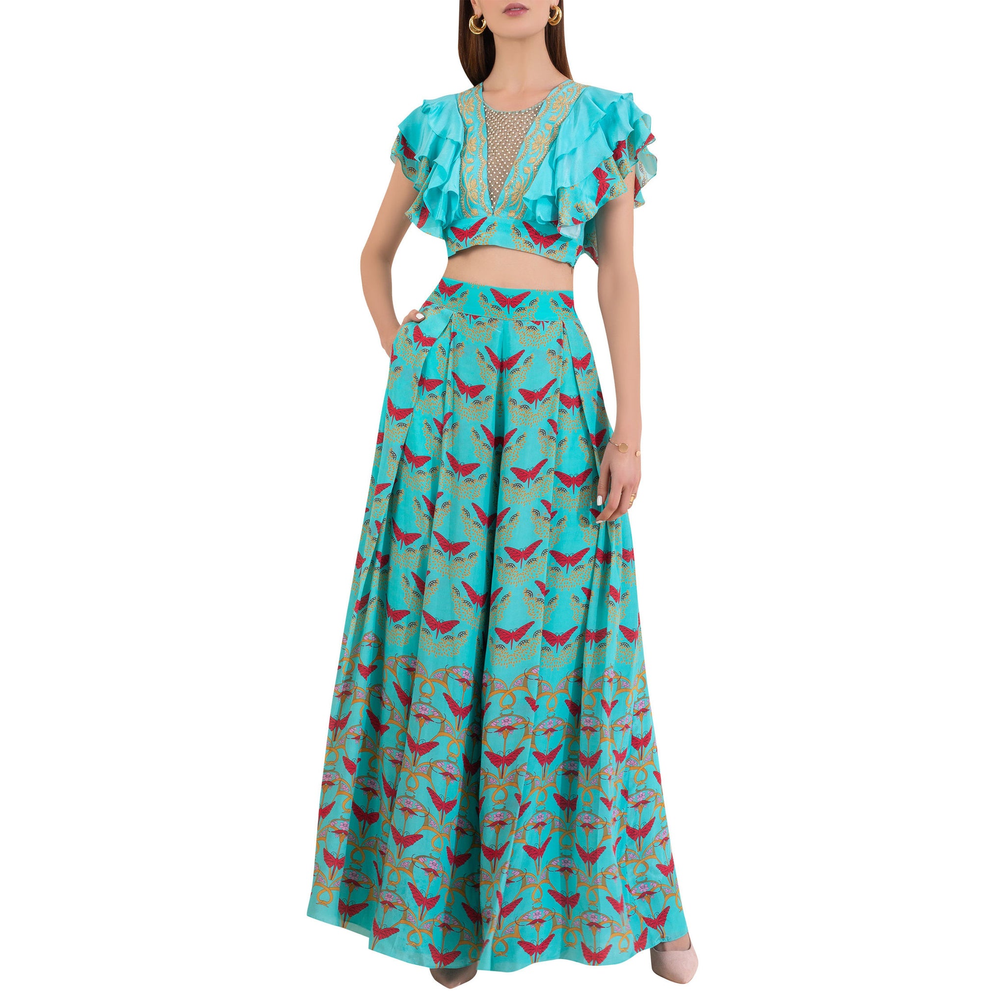 Embroidered Ruffle Top with Printed Pants