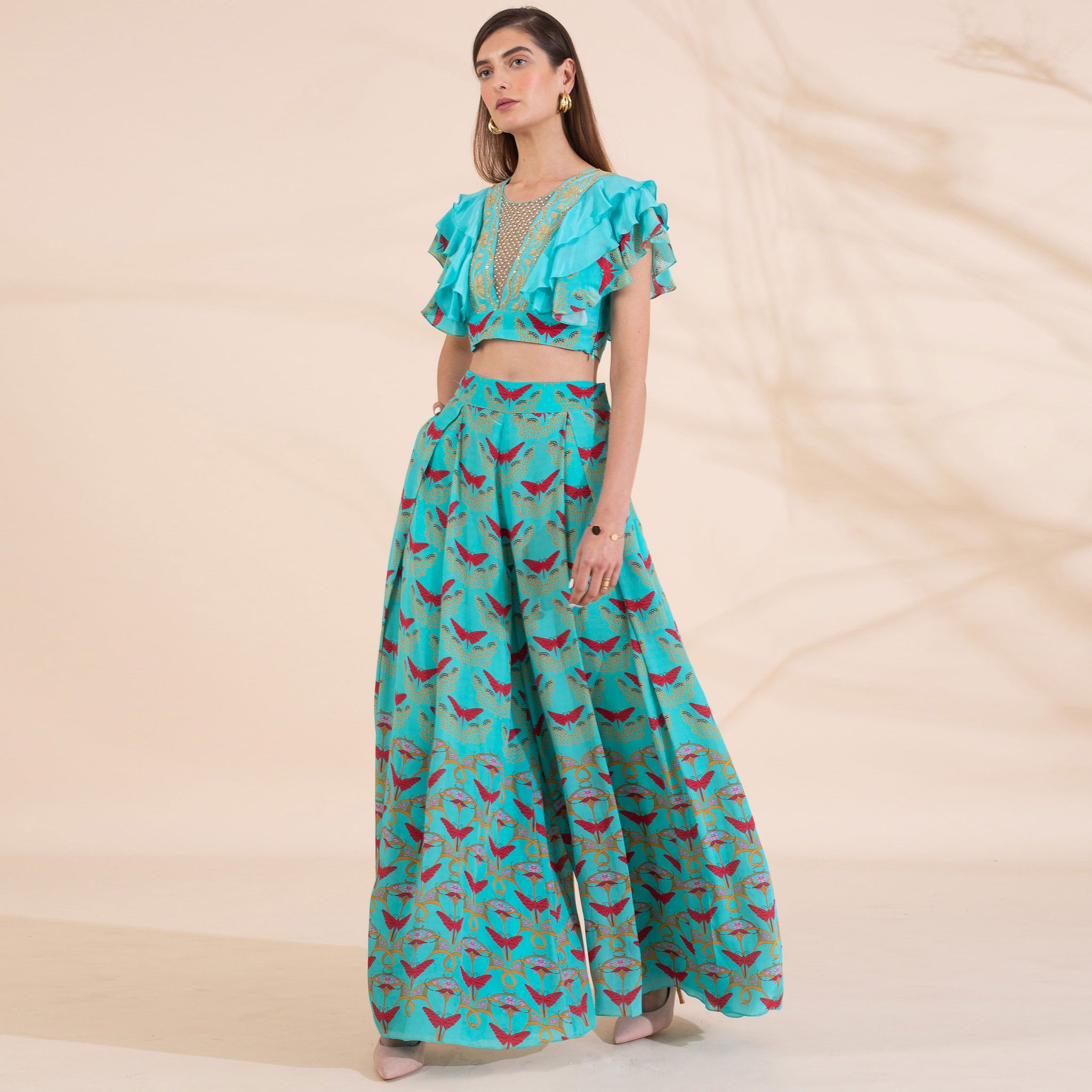 Embroidered Ruffle Top with Printed Pants