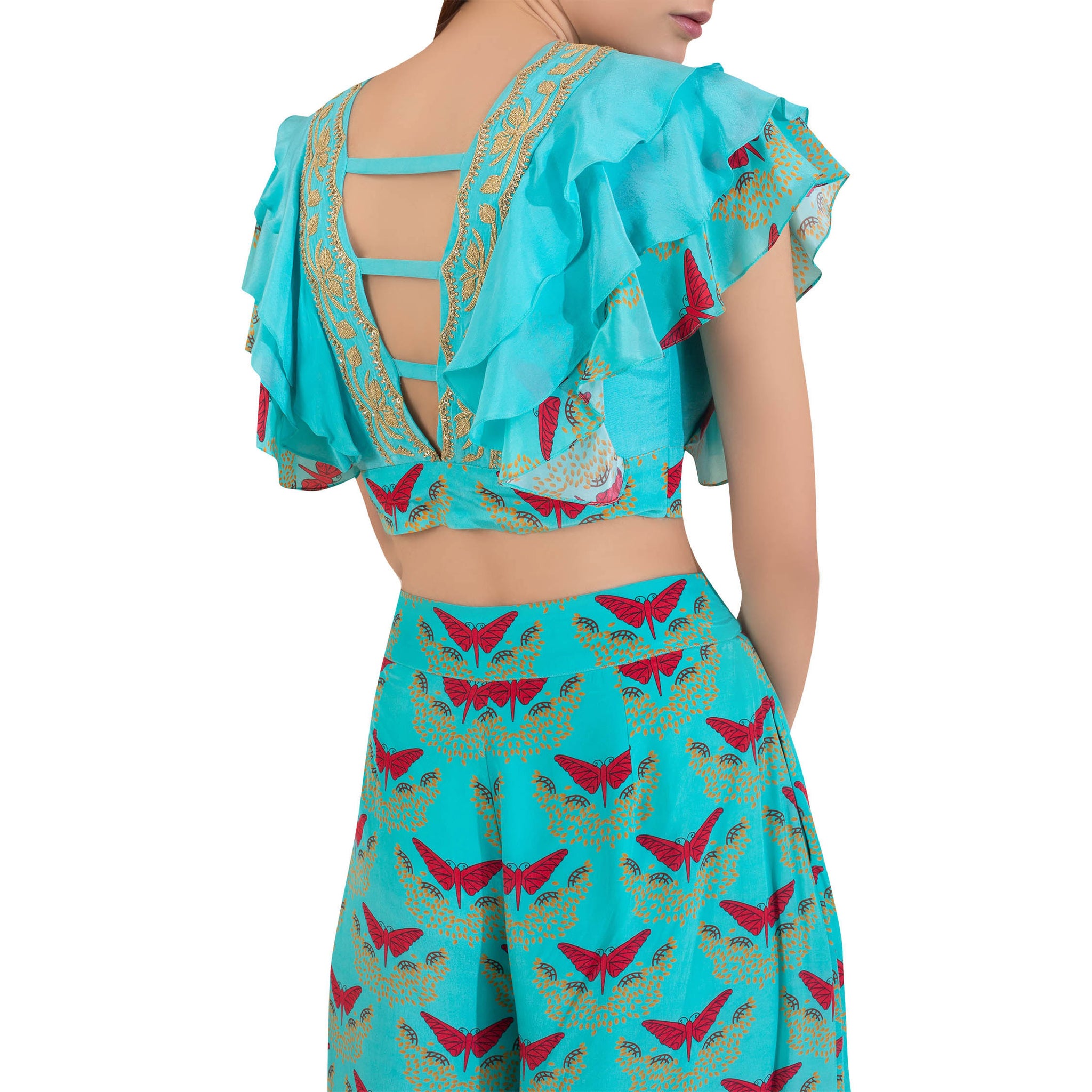 Embroidered Ruffle Top with Printed Pants
