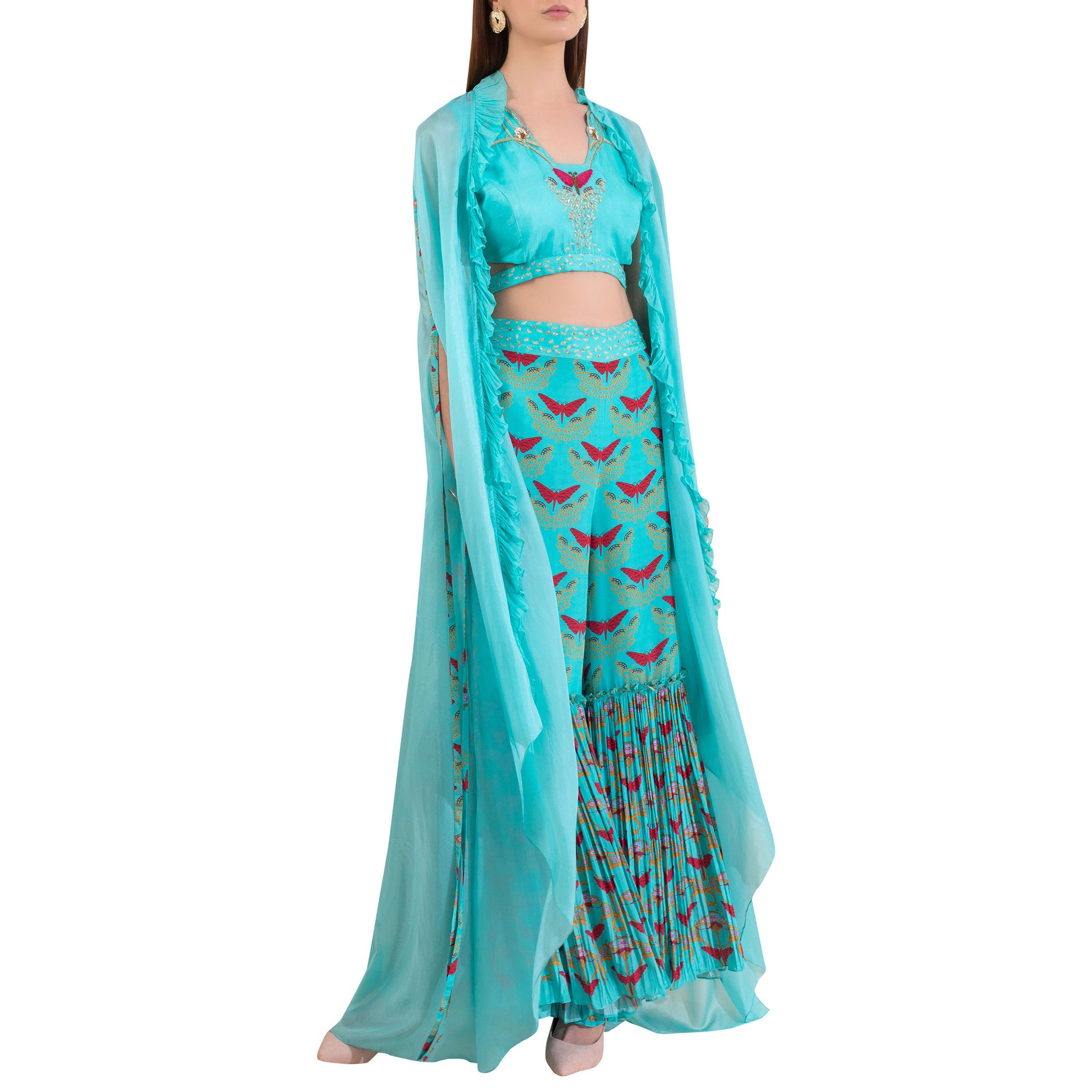 Embroidered Blouse with Cape & Sharara