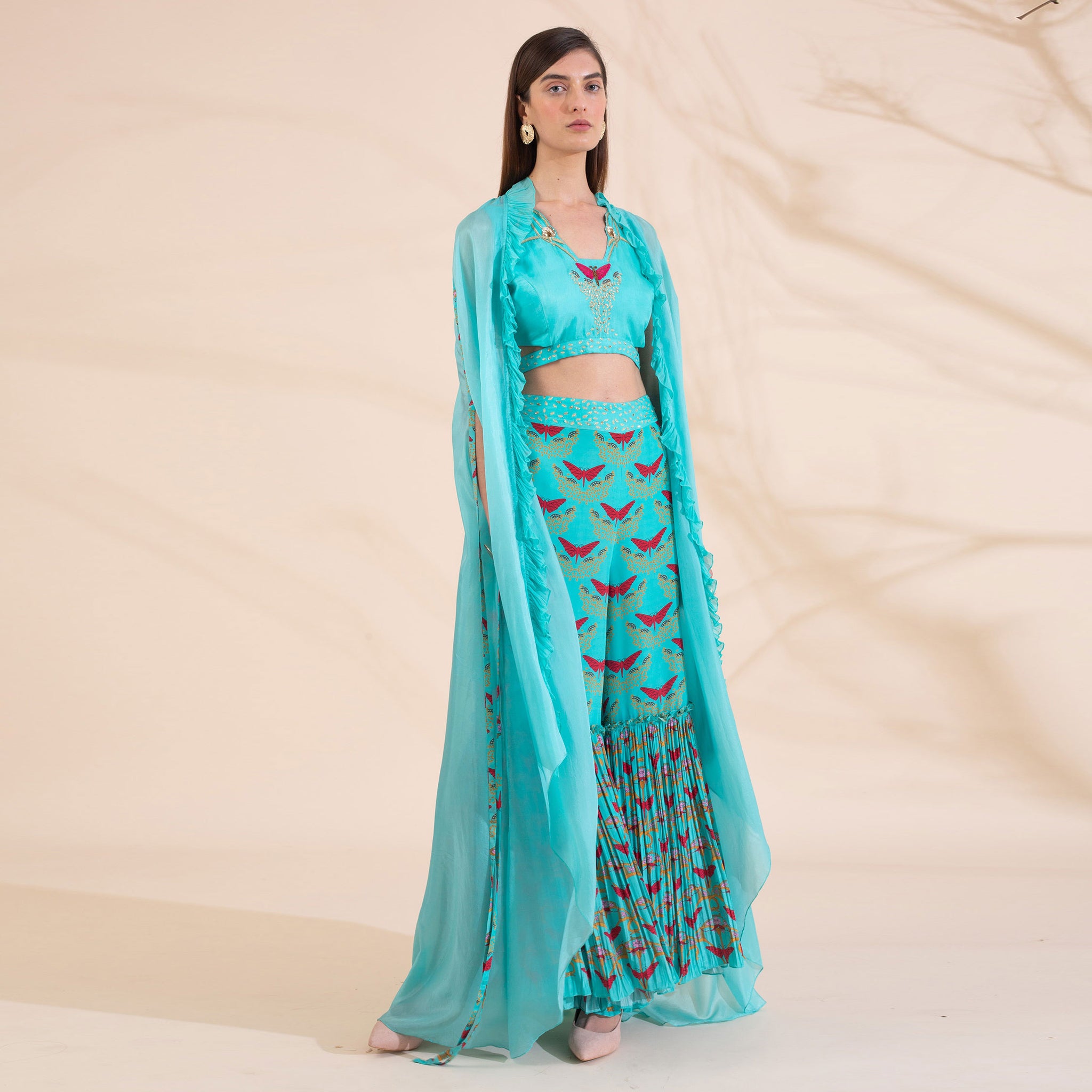 Embroidered Blouse with Cape & Sharara