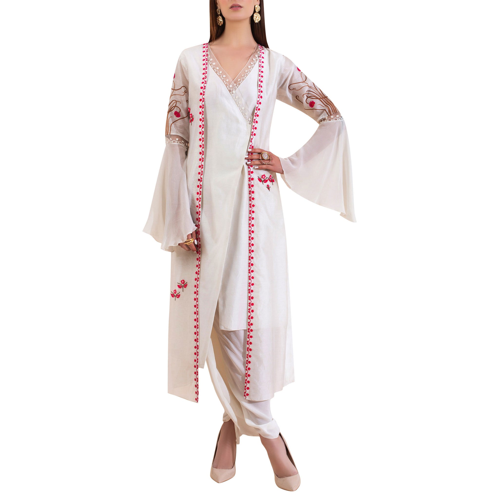 Embroidered Asymmetric Kurta Attached with Long Jacket Paired with Dhoti Pants