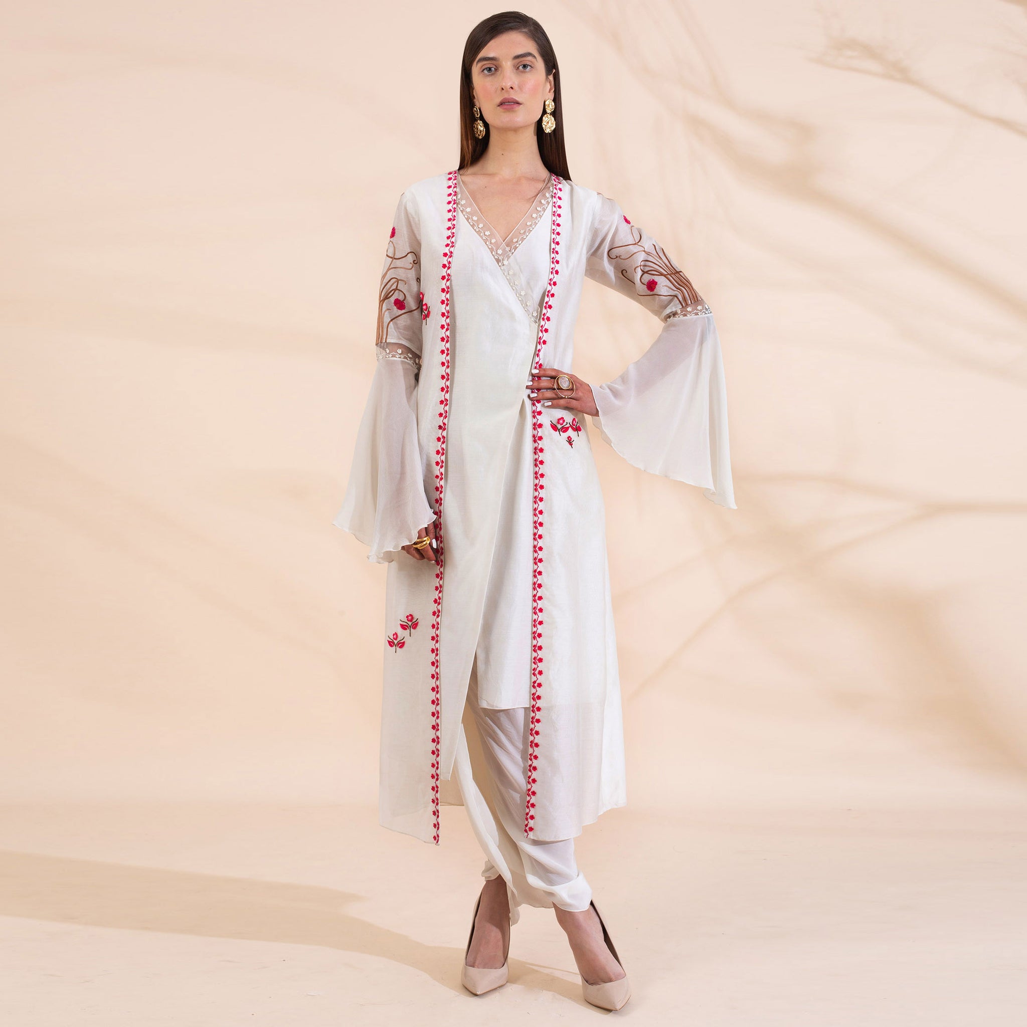 Embroidered Asymmetric Kurta Attached with Long Jacket Paired with Dhoti Pants