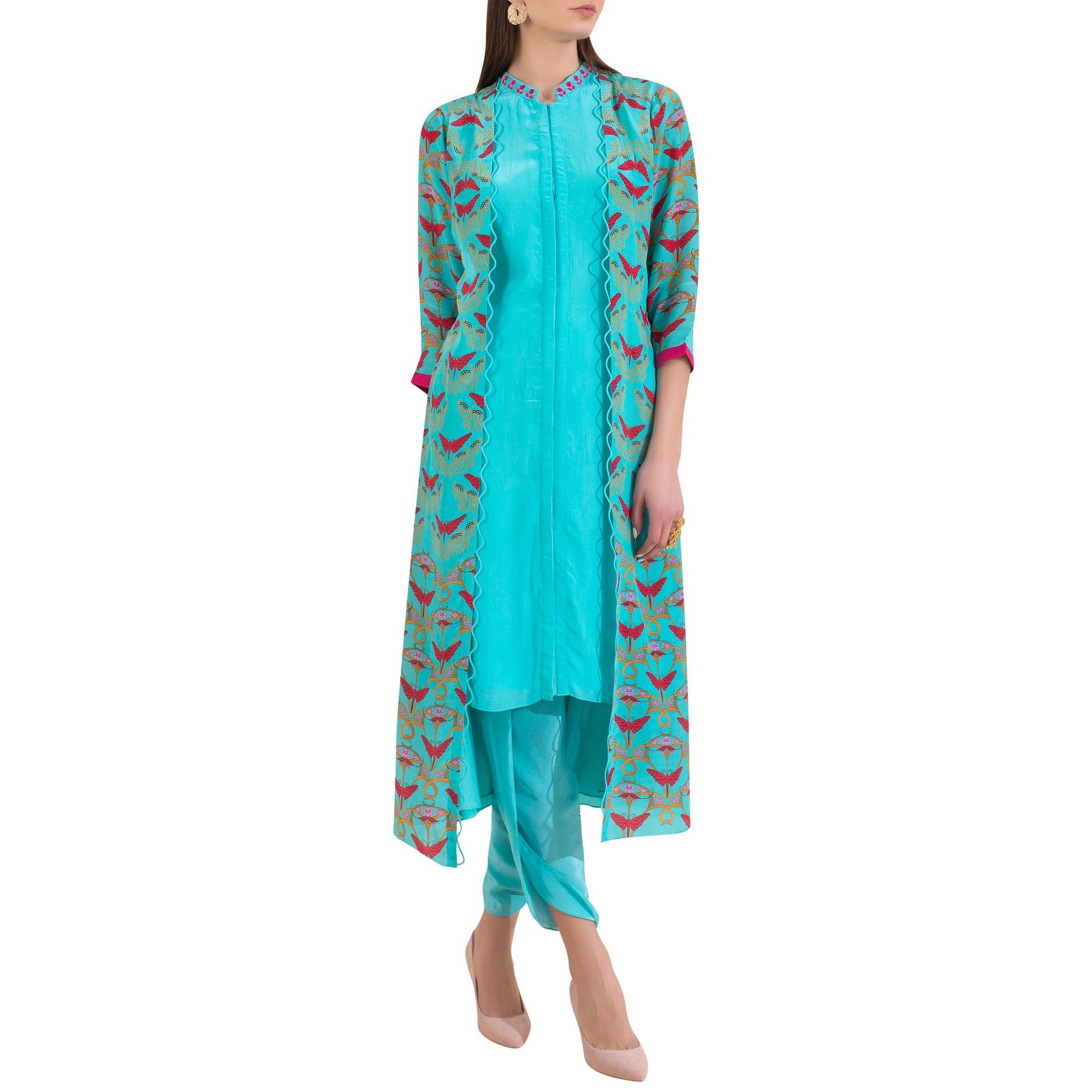 Embroidered Kurta with Attached Jacket and Dhoti Pants
