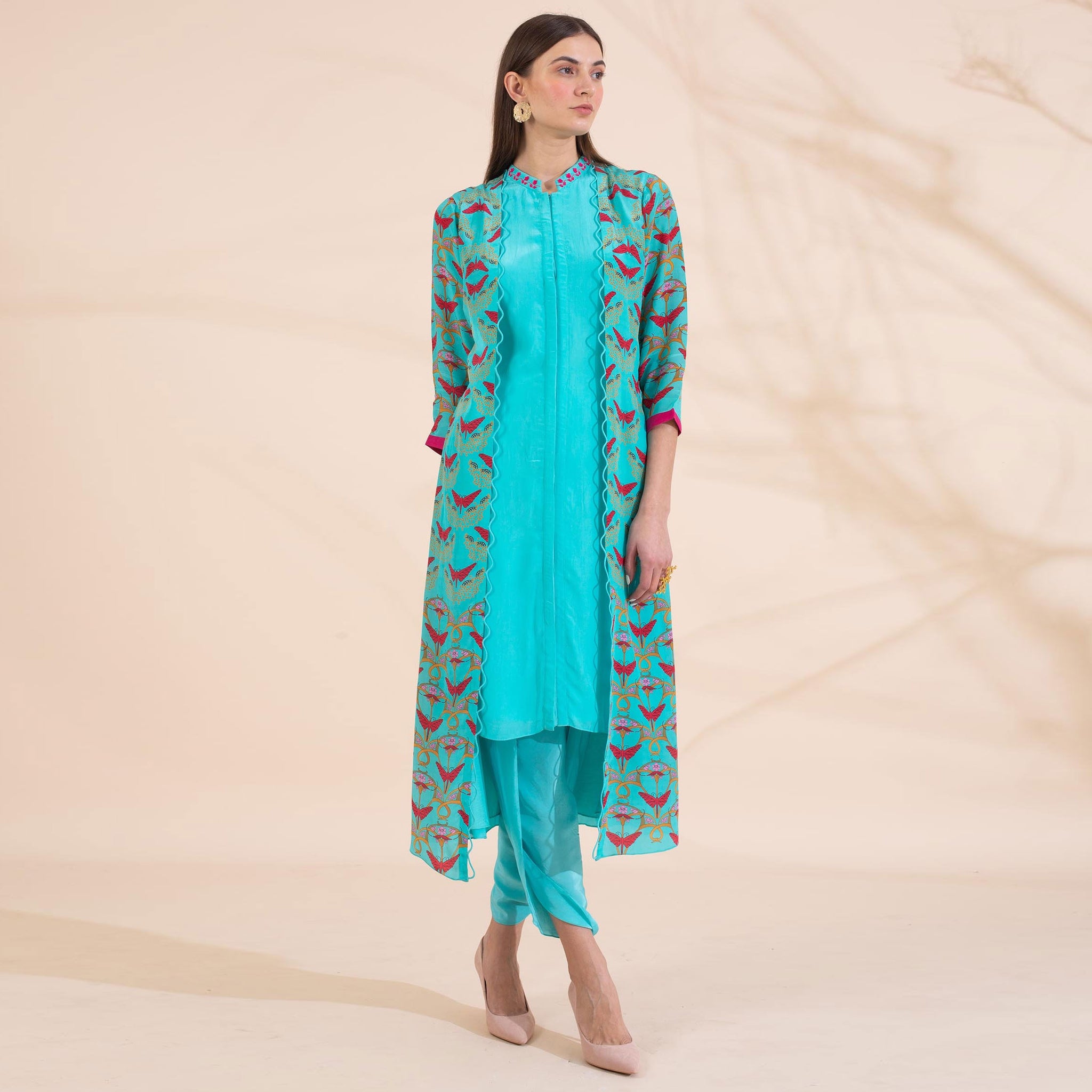Embroidered Kurta with Attached Jacket and Dhoti Pants