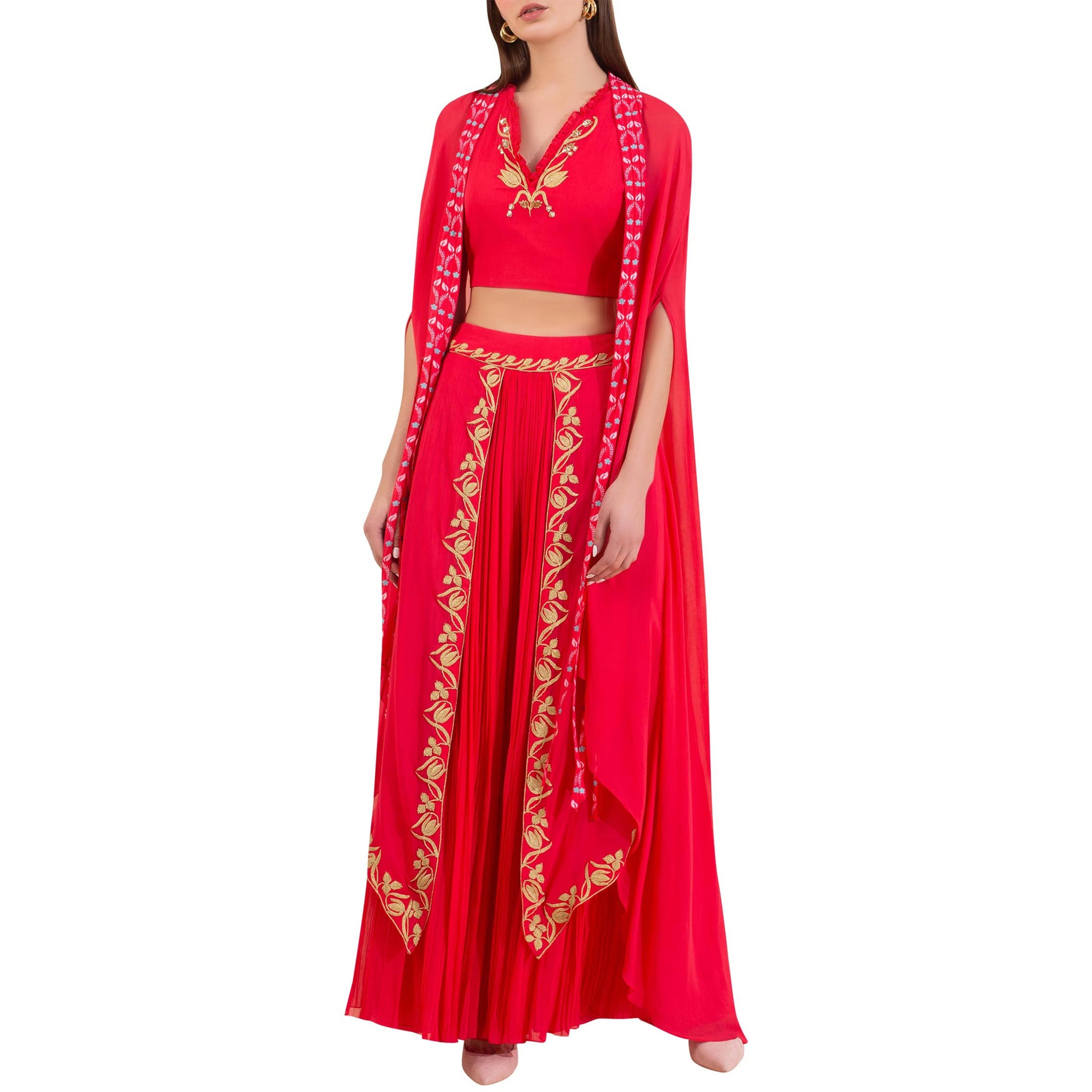 Overlap Embroidered Pleated Palazzo with Cape and Embellished Blouse