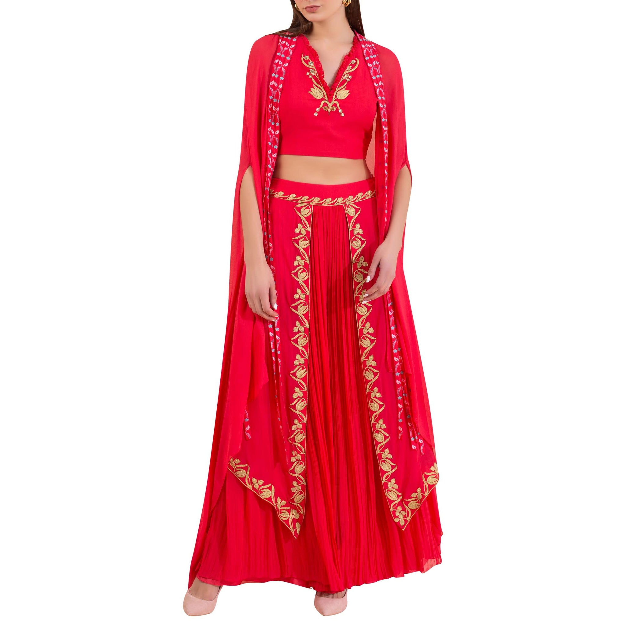 Overlap Embroidered Pleated Palazzo with Cape and Embellished Blouse
