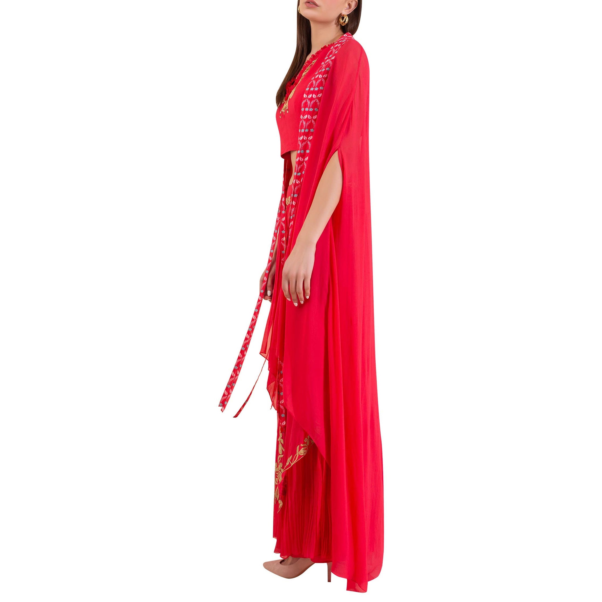 Overlap Embroidered Pleated Palazzo with Cape and Embellished Blouse