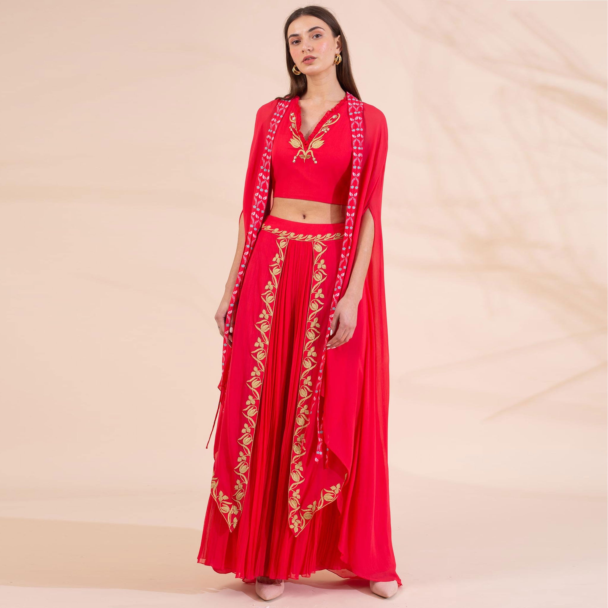 Overlap Embroidered Pleated Palazzo with Cape and Embellished Blouse