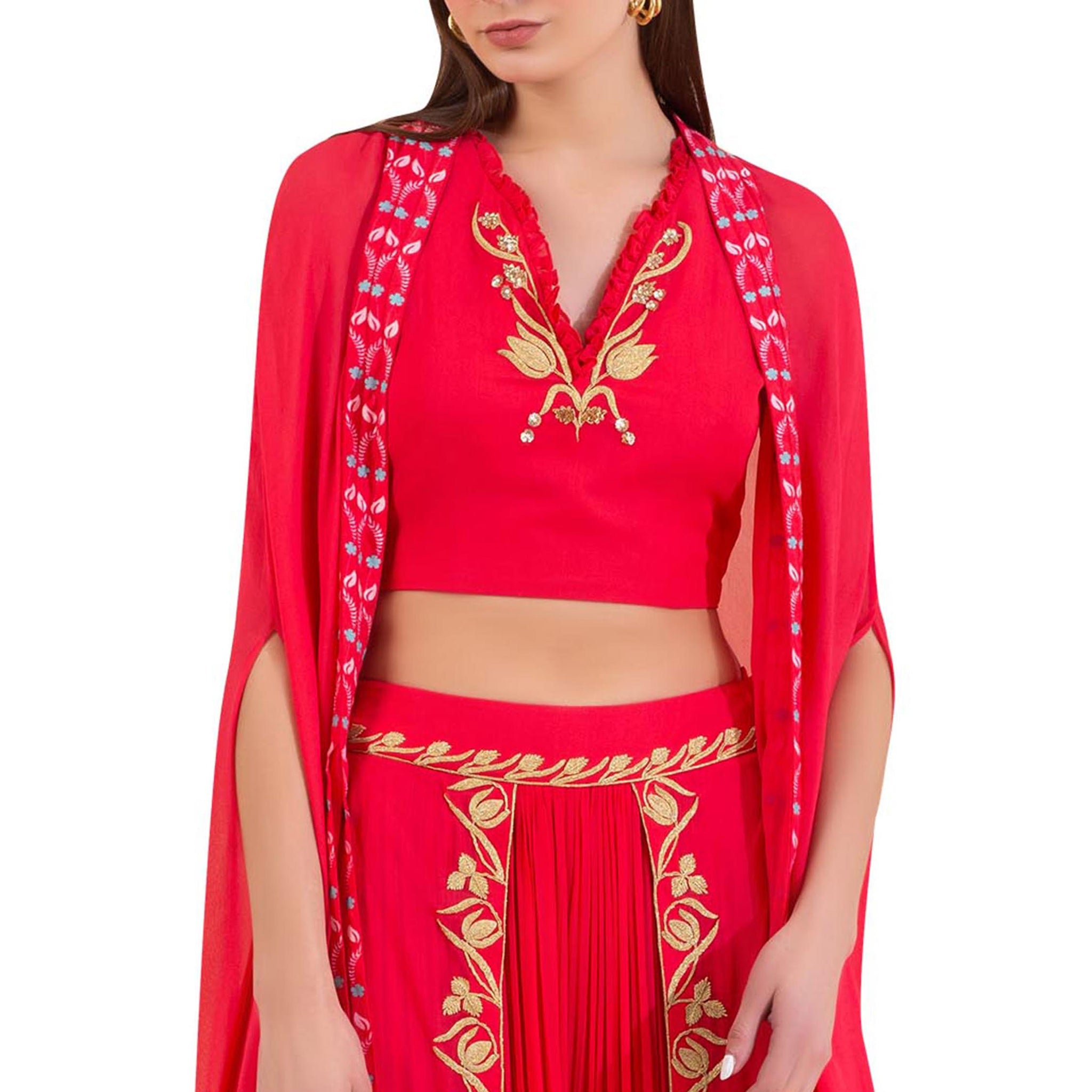 Overlap Embroidered Pleated Palazzo with Cape and Embellished Blouse