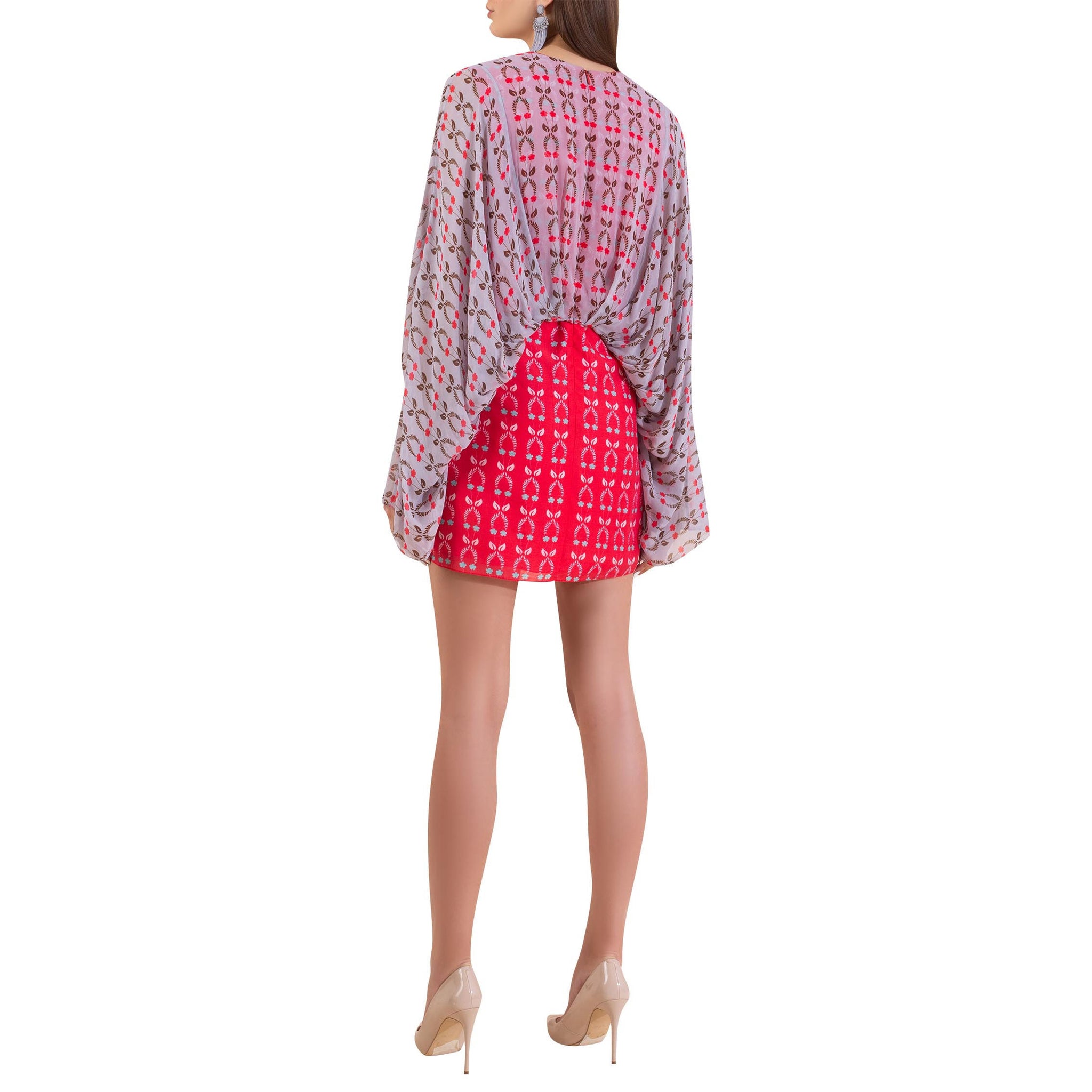 Attached Pleated Cape Jacket with Printed Dress