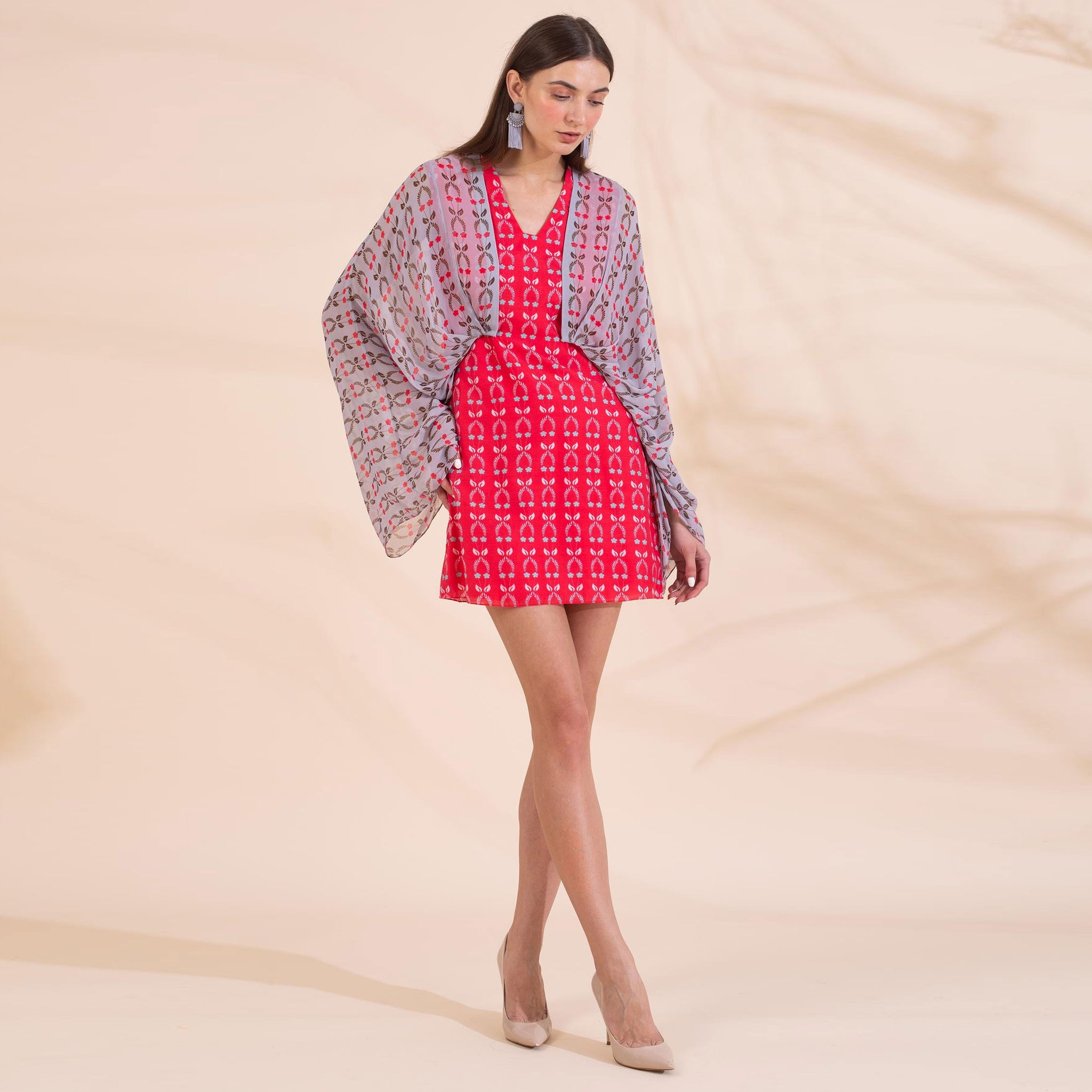 Attached Pleated Cape Jacket with Printed Dress