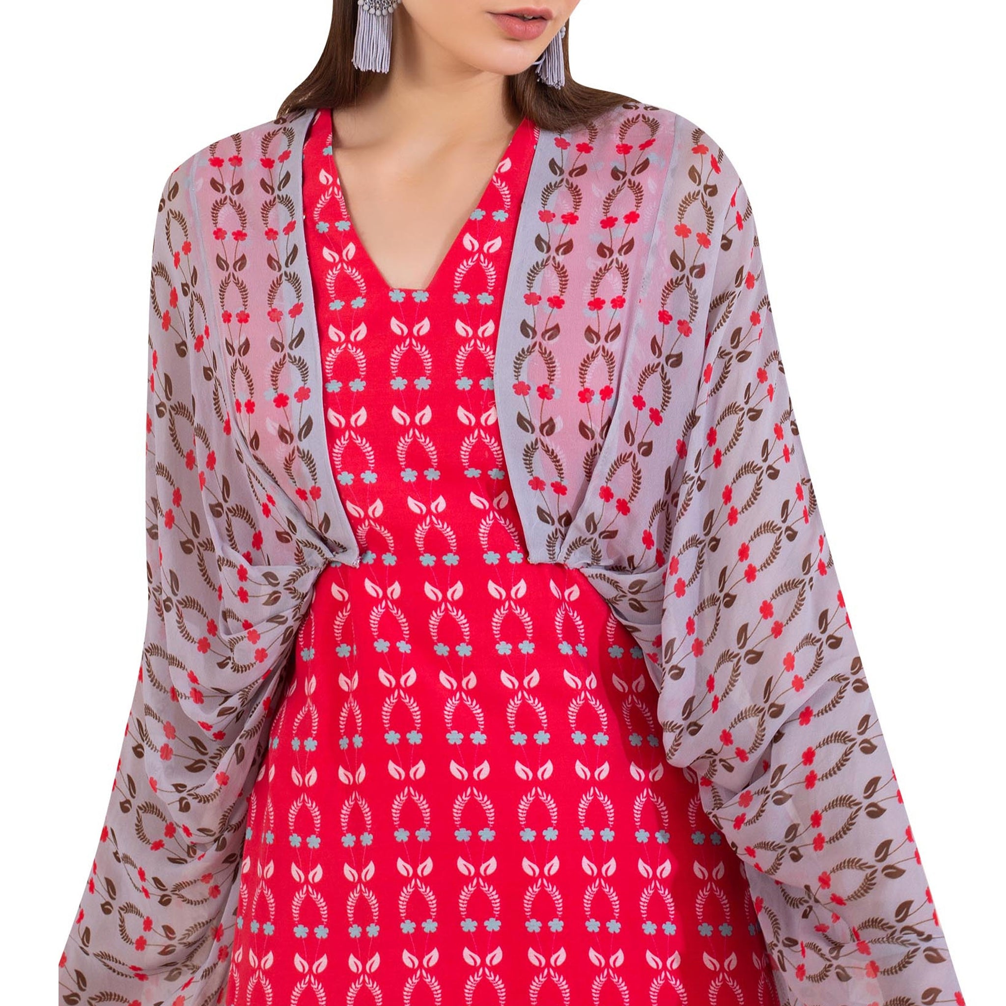 Attached Pleated Cape Jacket with Printed Dress