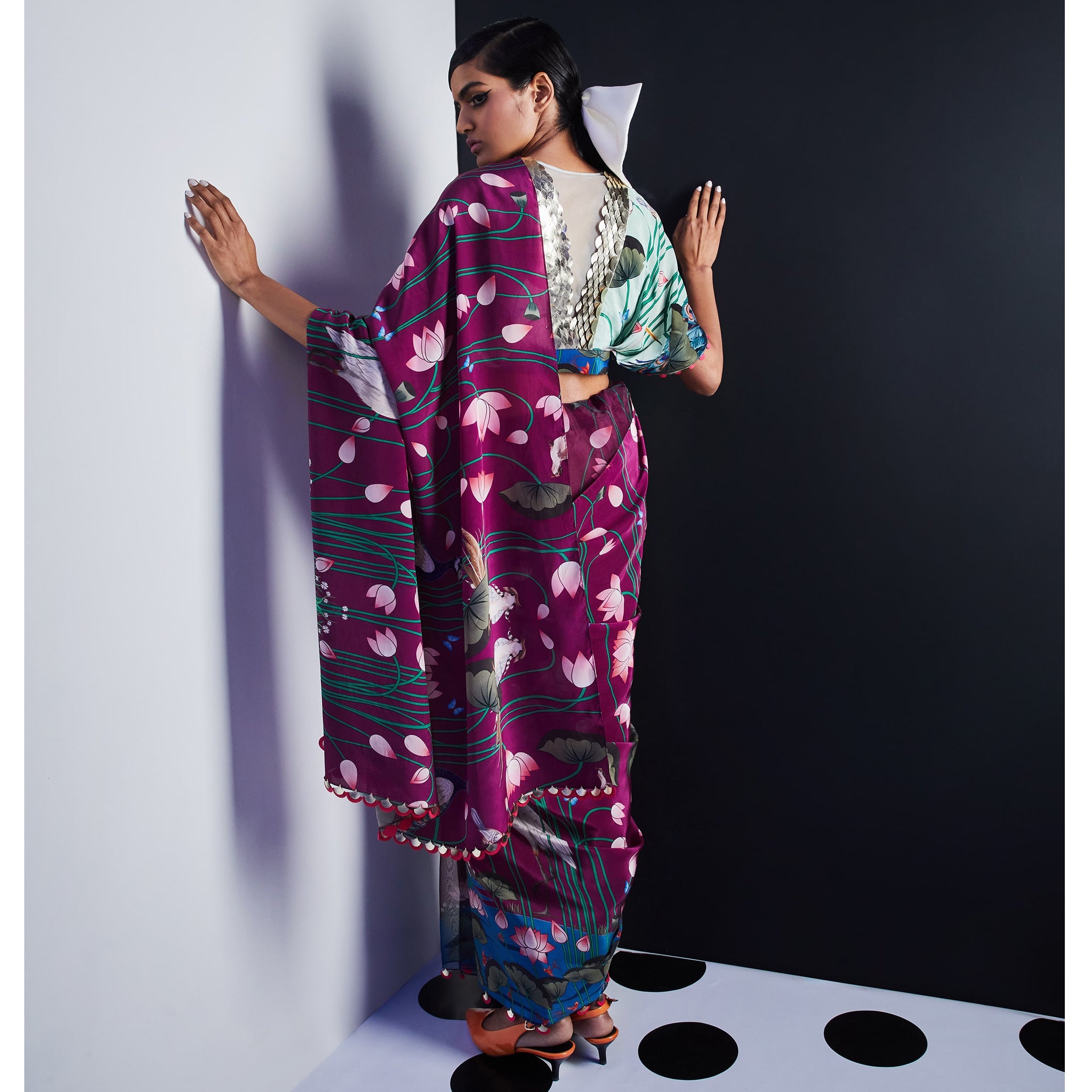 Embroidered Half and Half Printed Sari