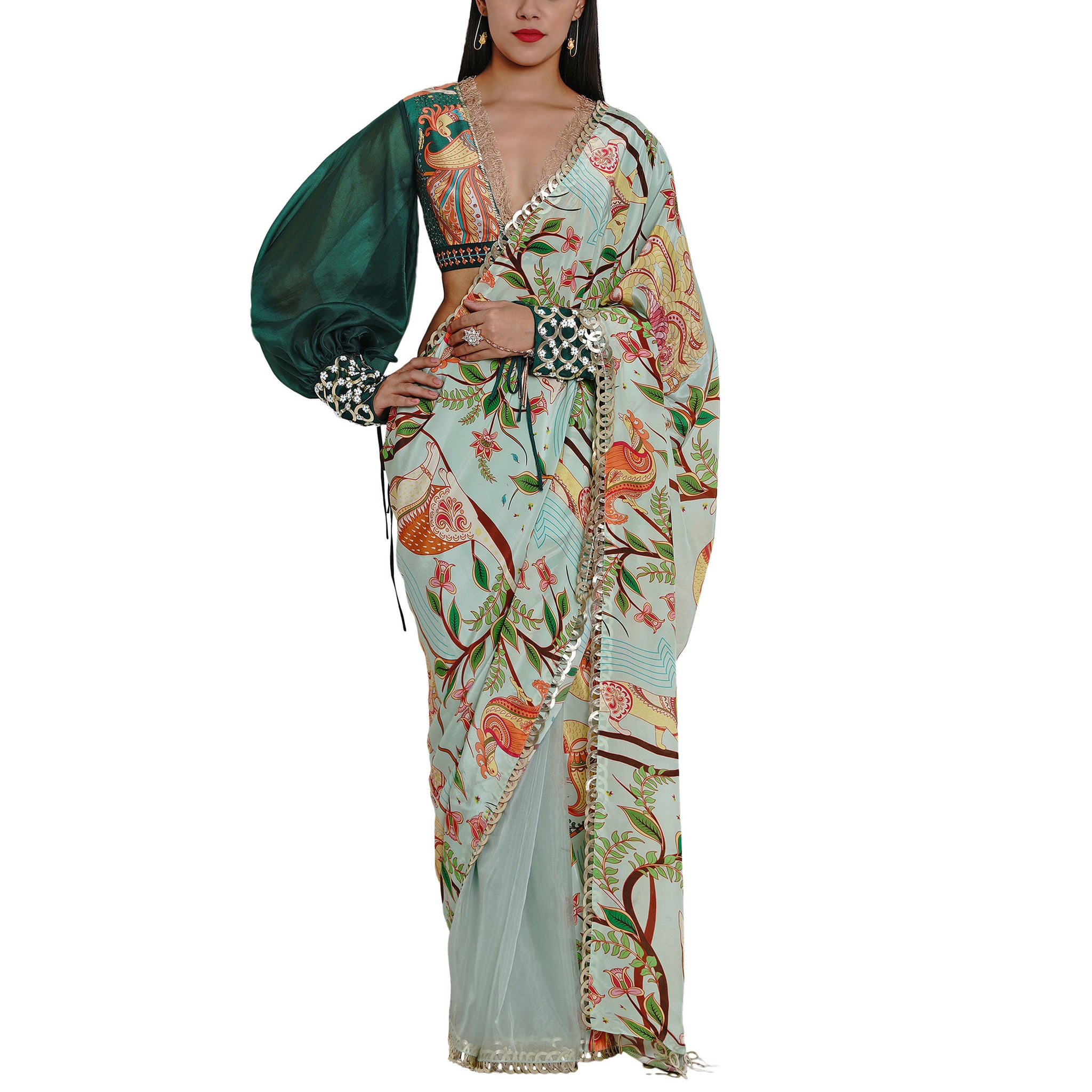 Embroidered Half & Half Printed Sari