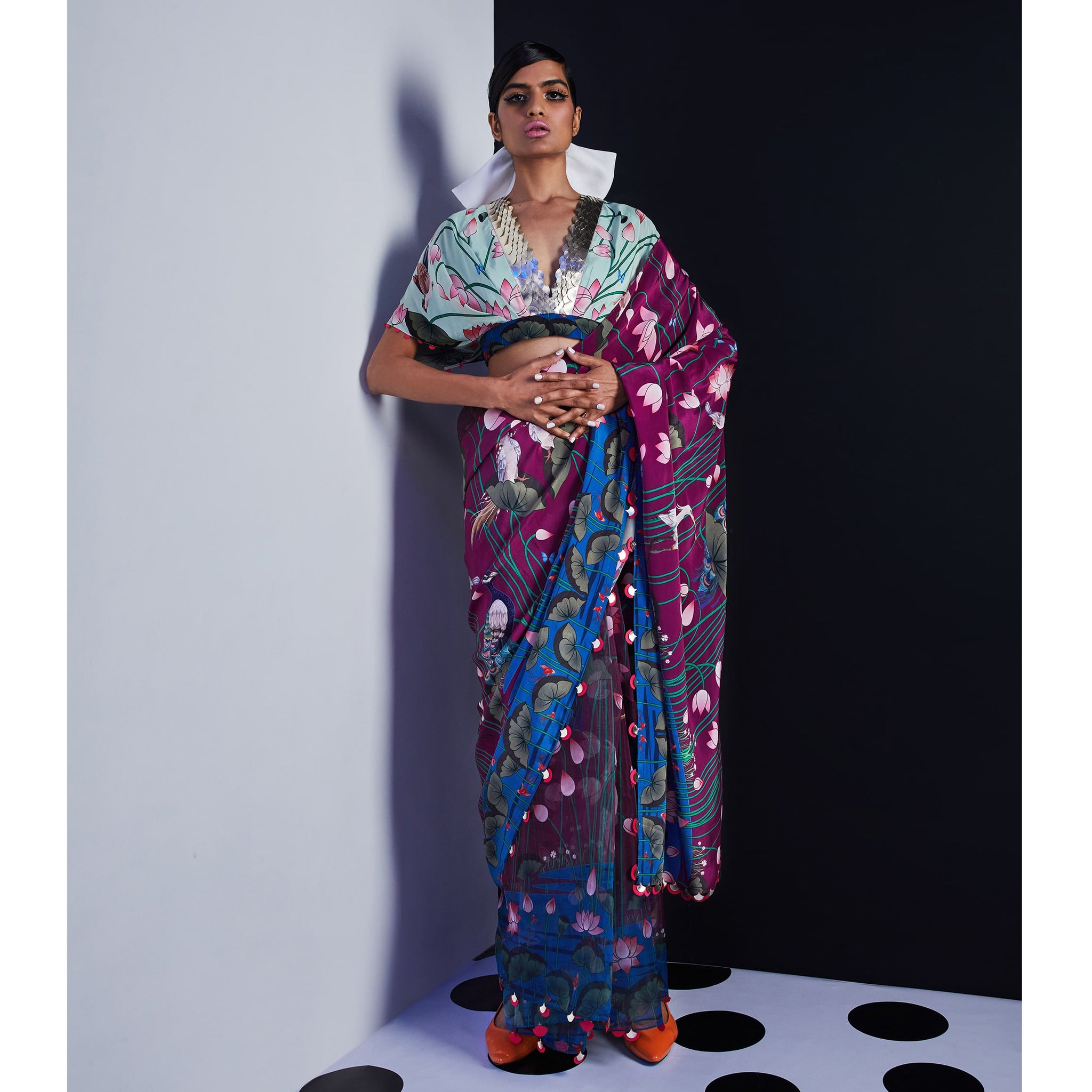 Embroidered Half and Half Printed Sari