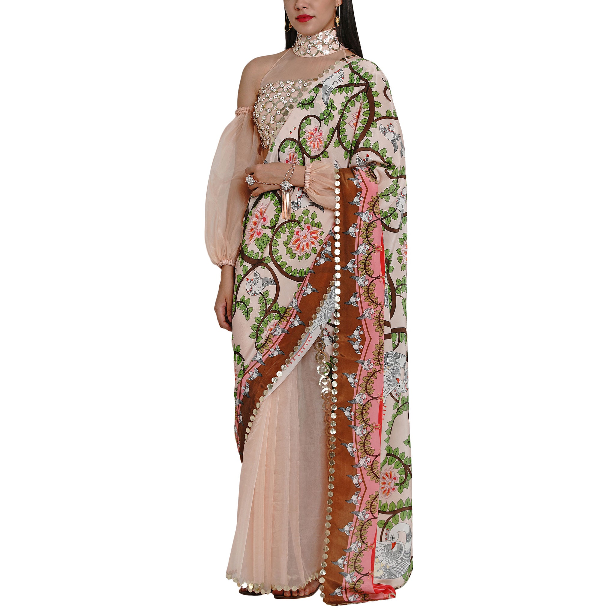 Embroidered Half & Half Printed Sari