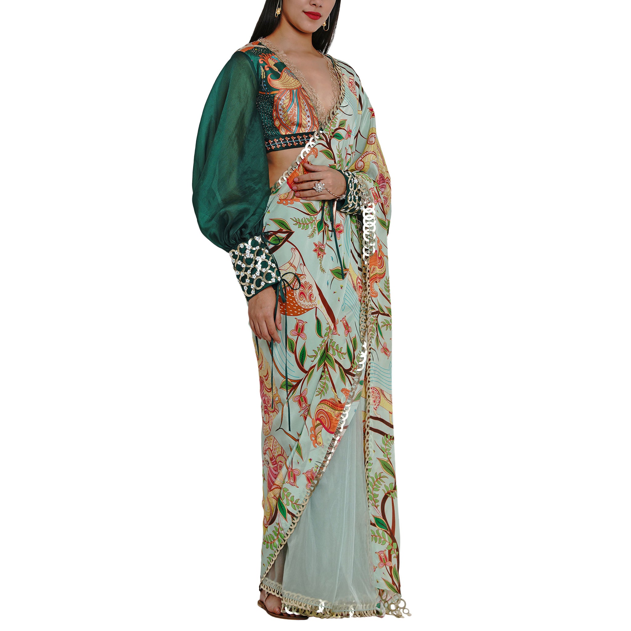 Embroidered Half & Half Printed Sari