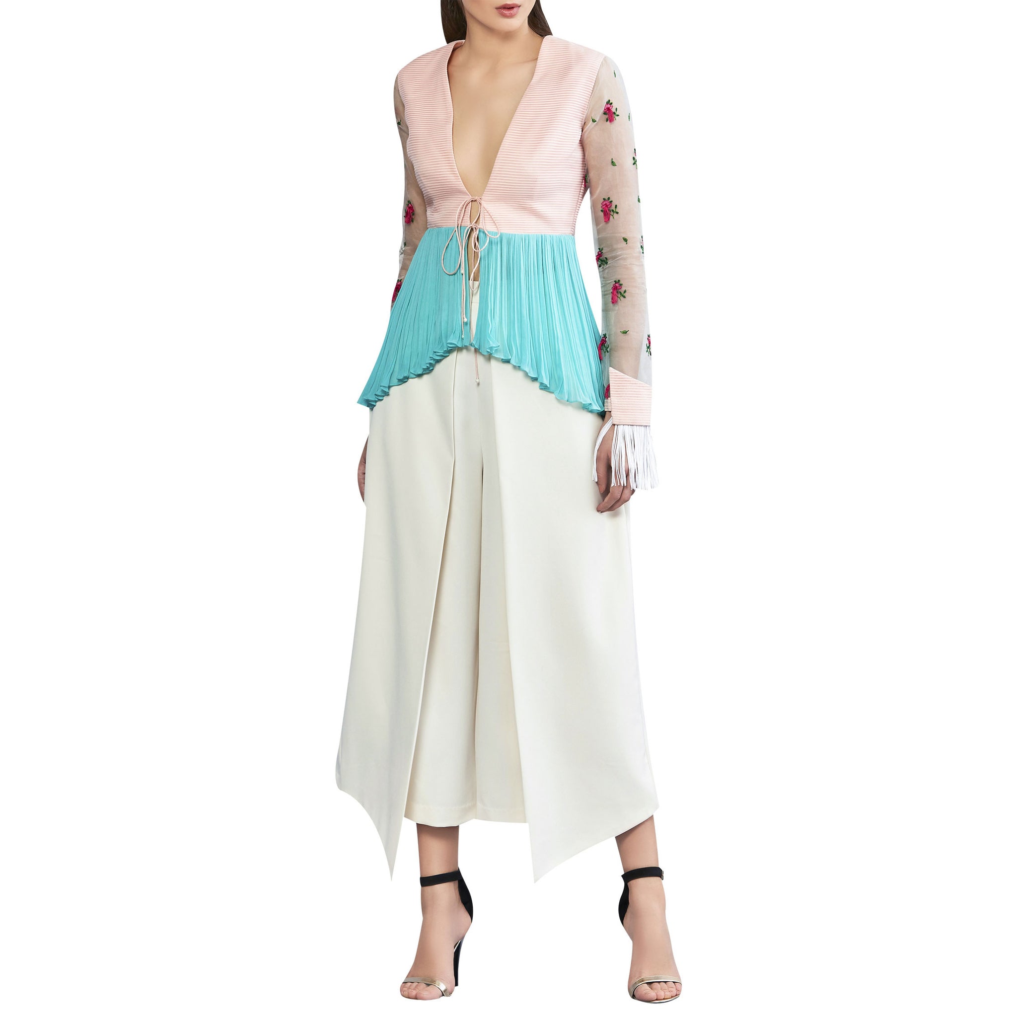 Peplum Jacket with Embroidered Sleeves and Tassles