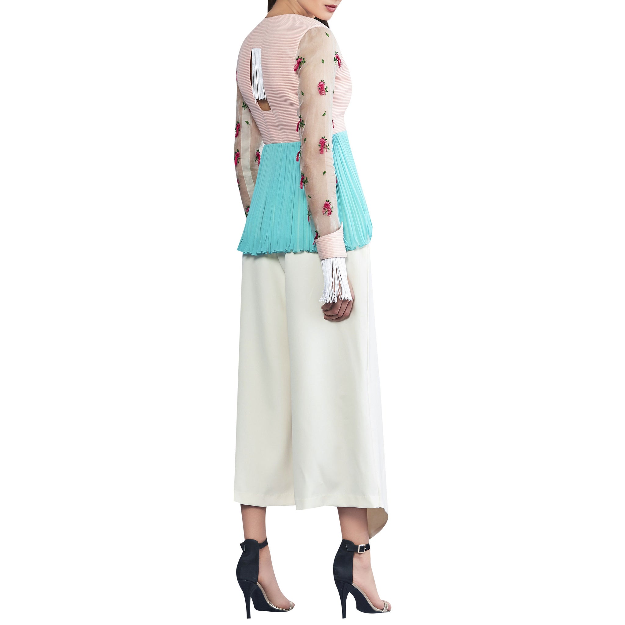 Peplum Jacket with Embroidered Sleeves and Tassles