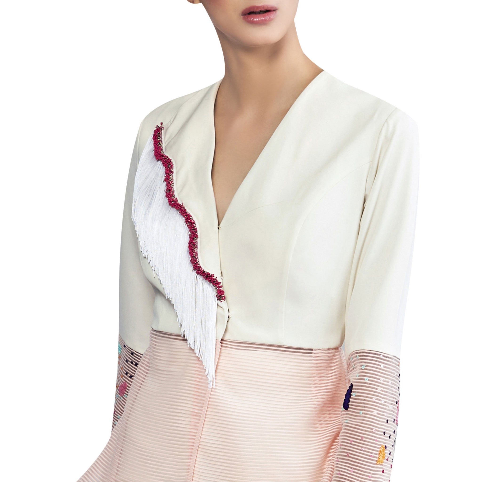 Peplum Jacket with Embroidered Sleeves and Lapel