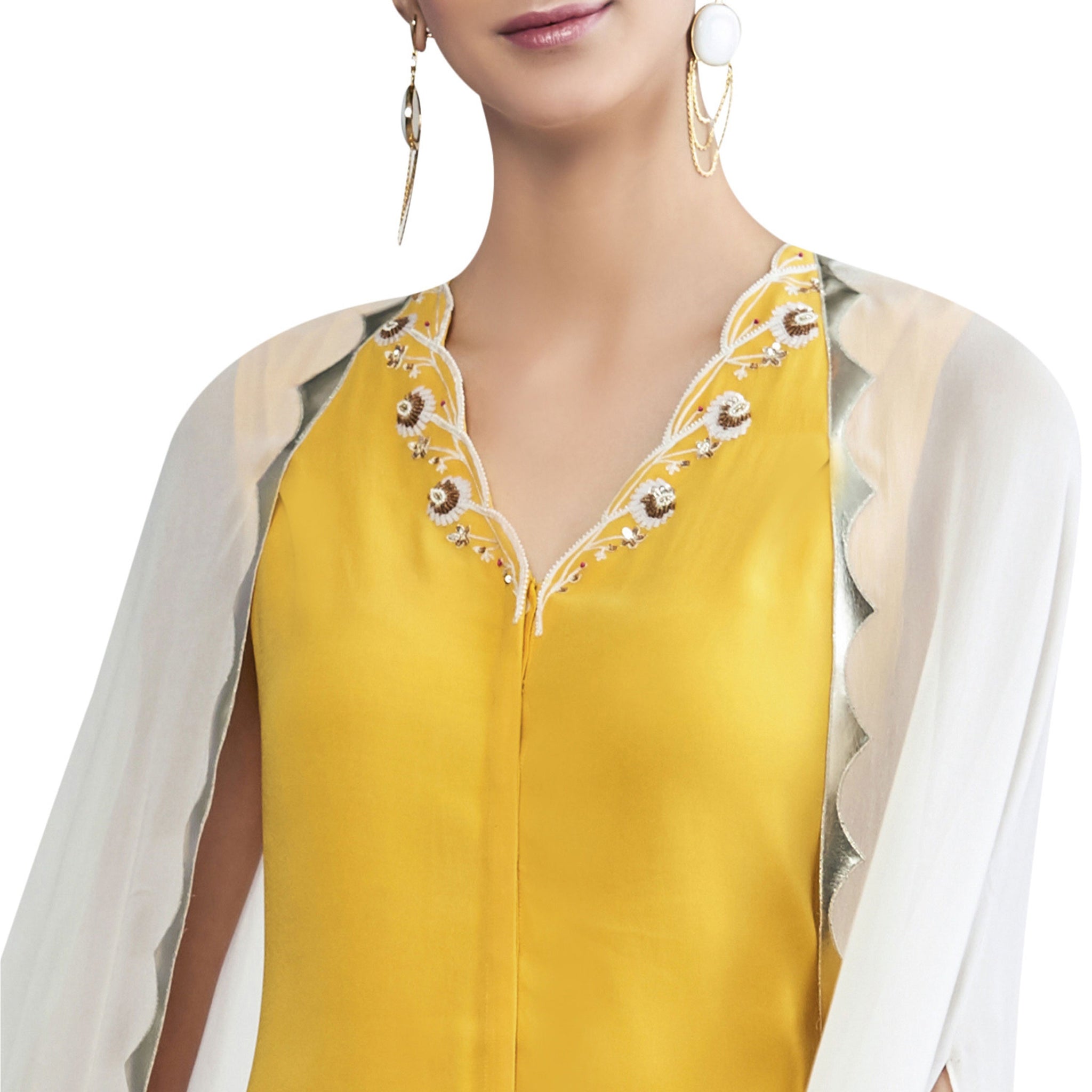 Cut-work Embroidered Tunic with Attached Cape & Sharara Pants