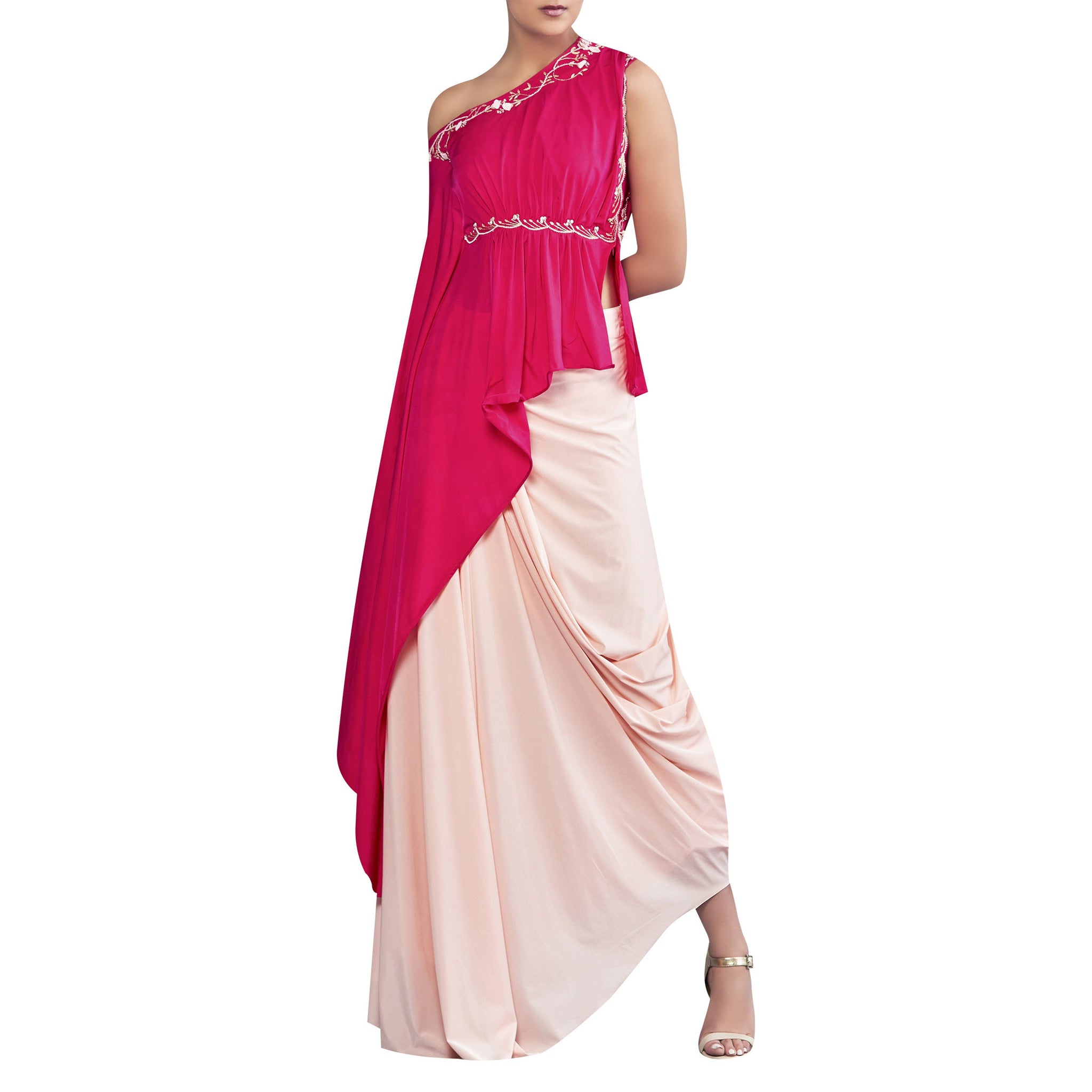 One-Shoulder Draped Top with Dhoti Skirt