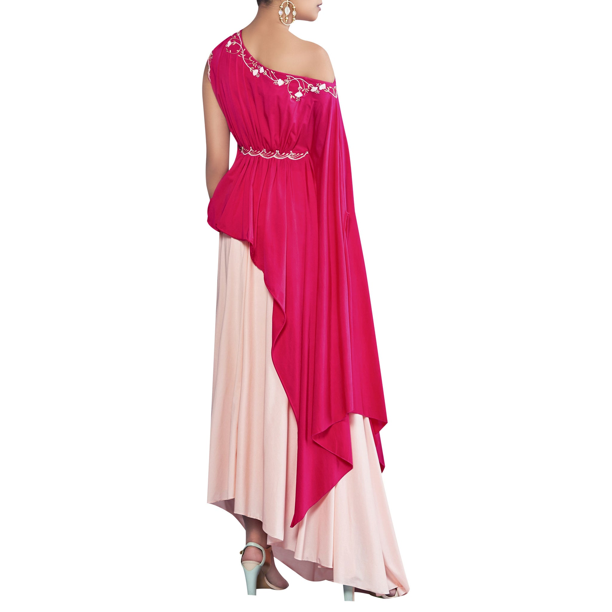 One-Shoulder Draped Top with Dhoti Skirt